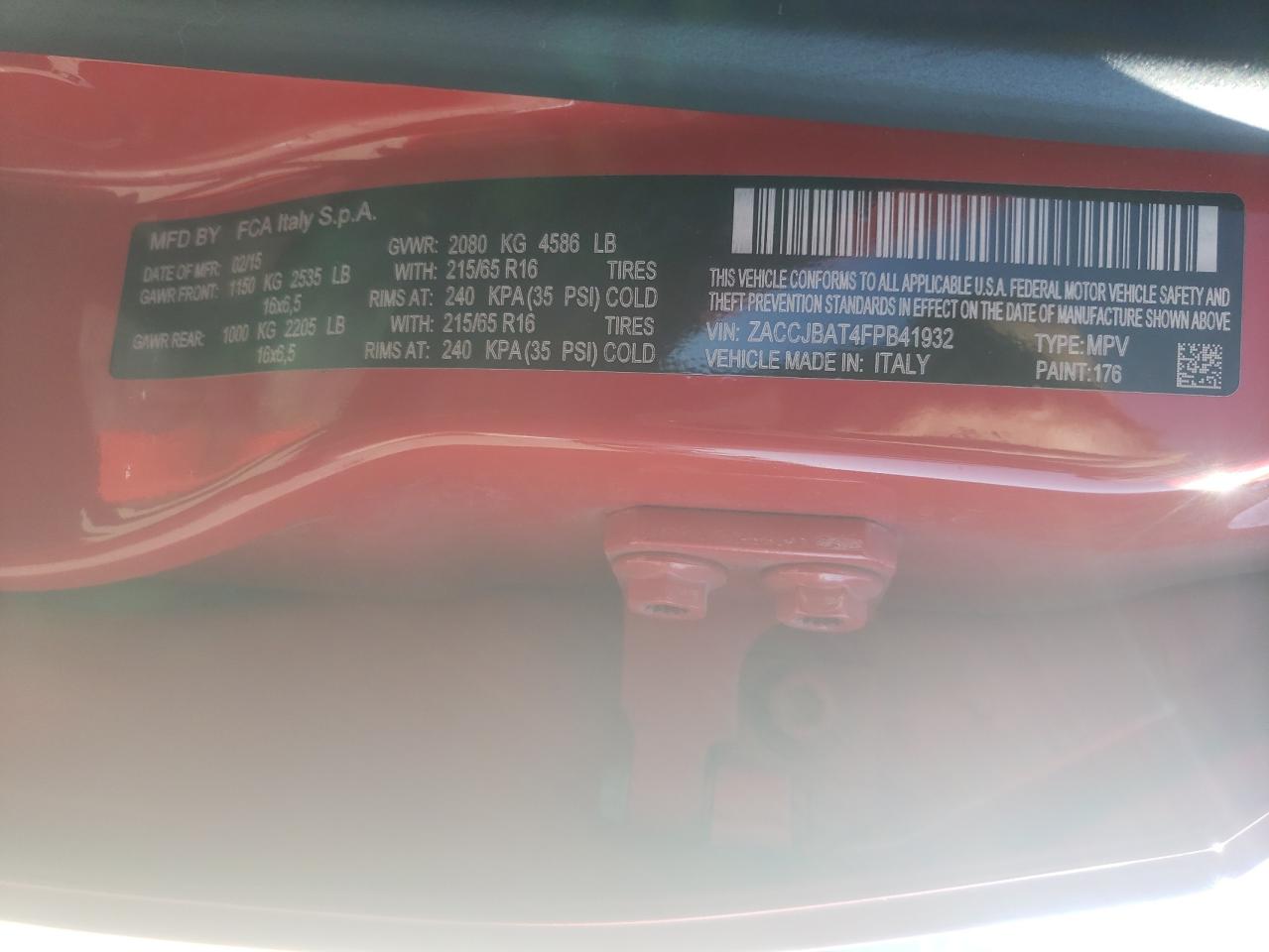 Photo 10 from auction – 2015 JEEP RENEGADE S with VIN ZACCJBAT4FPB41932