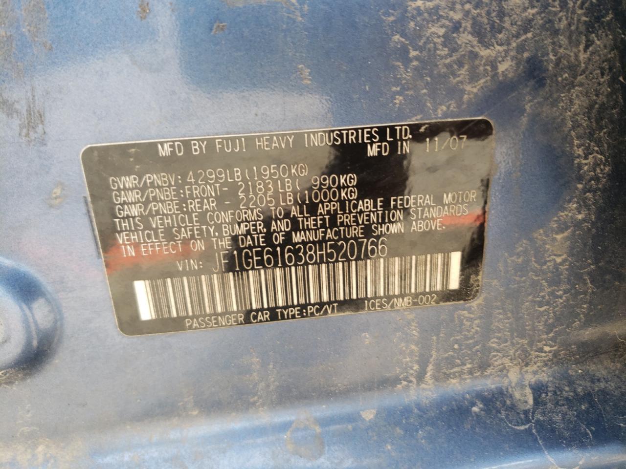 Foto 10 de la subasta – 2008 SUBARU IMPREZA 2. con VIN JF1GE61638H520766