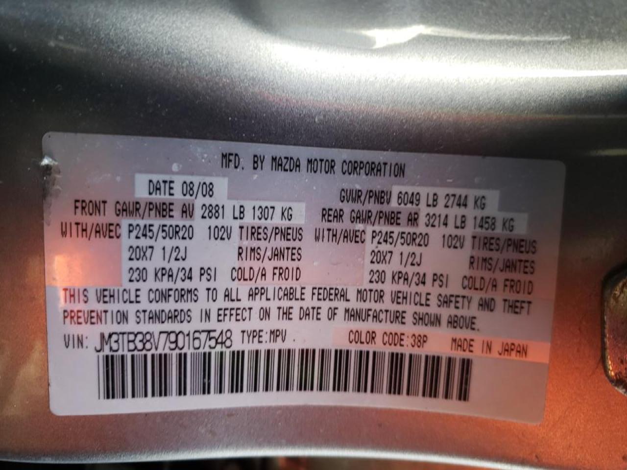 Photo 10 from auction – 2009 MAZDA CX-9 with VIN JM3TB38V790167548