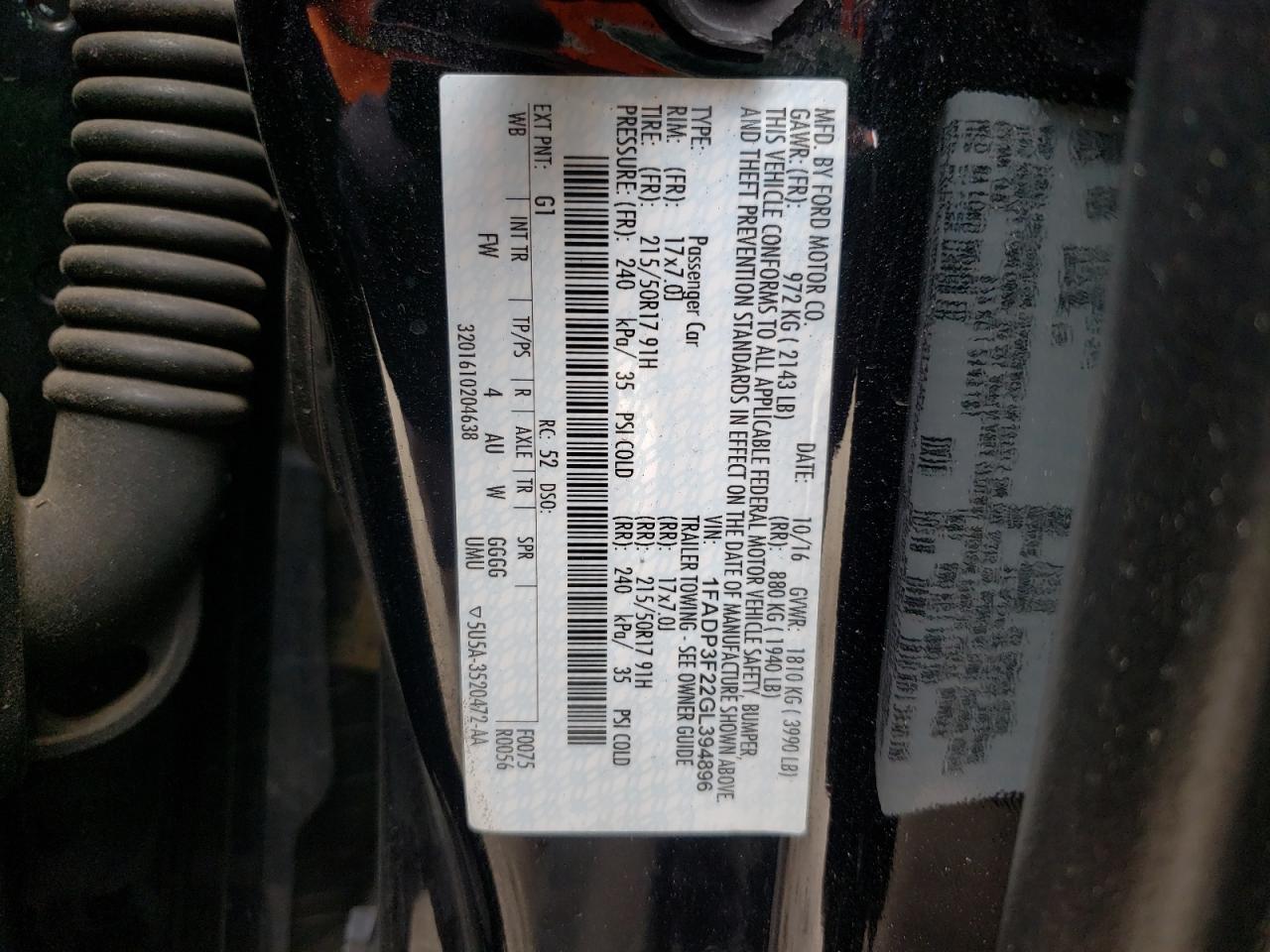 Photo 10 from auction – 2016 FORD FOCUS SE with VIN 1FADP3F22GL394896
