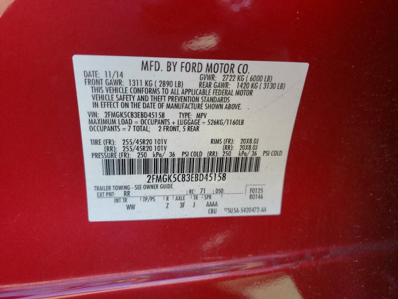 Photo 10 from auction – 2014 FORD FLEX SEL with VIN 2FMGK5C83EBD45158