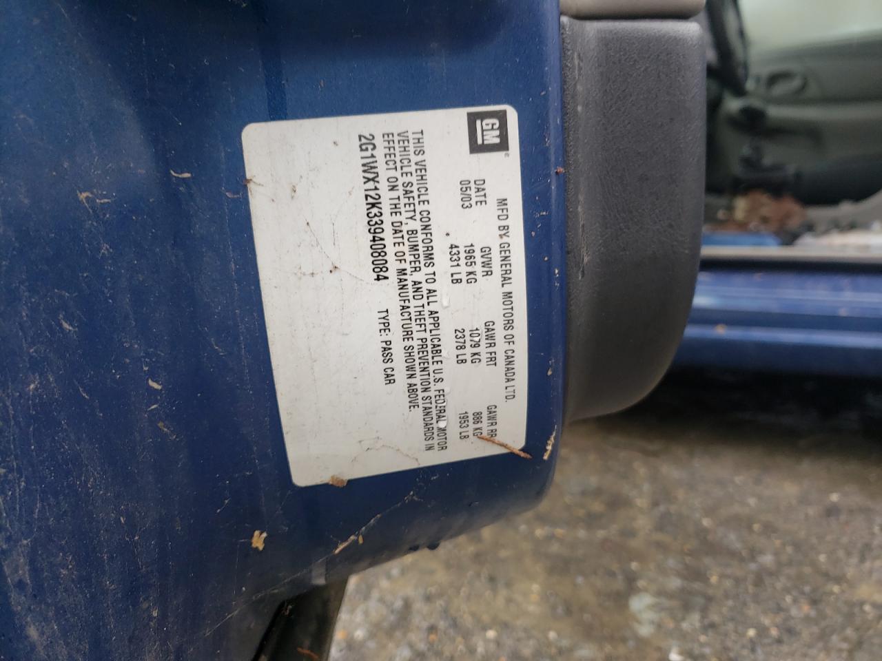 Photo 10 from auction – 2003 CHEVROLET MONTE CARL with VIN 2G1WX12K339408084