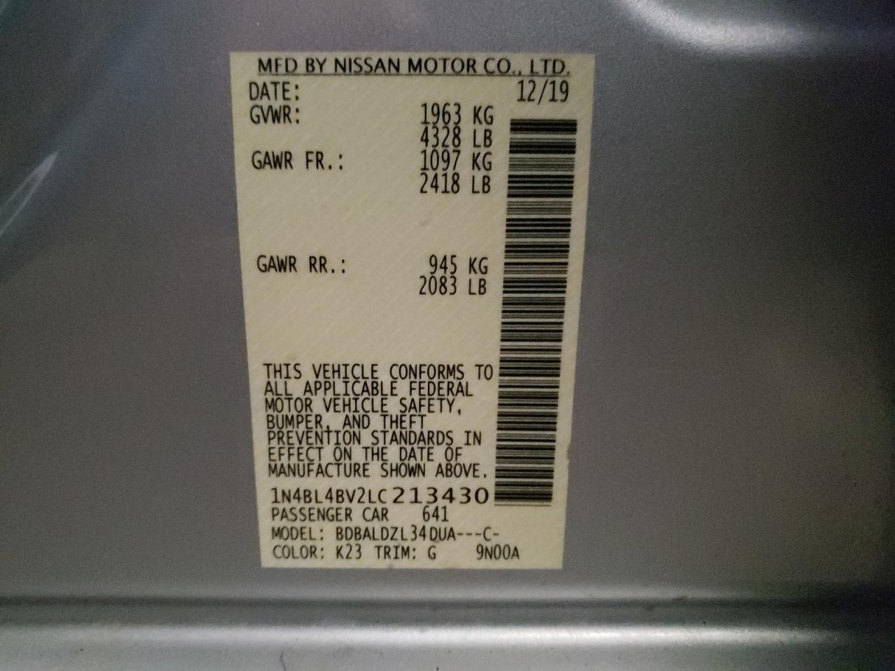 Photo 10 from auction – 2020 NISSAN ALTIMA S with VIN 1N4BL4BV2LC213430