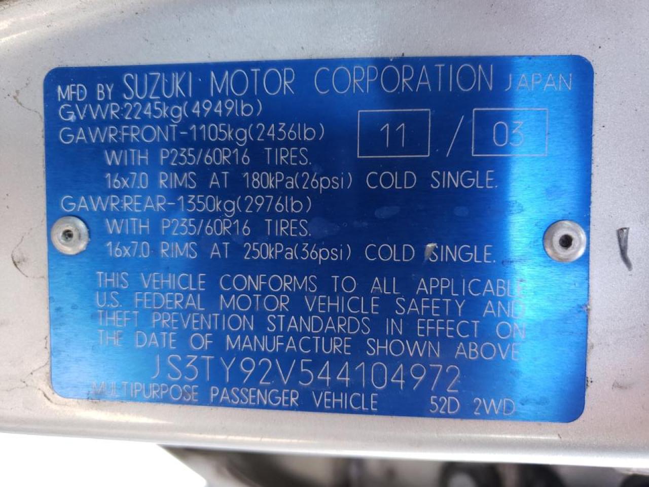 Photo 10 from auction – 2004 SUZUKI XL7 EX with VIN JS3TY92V544104972