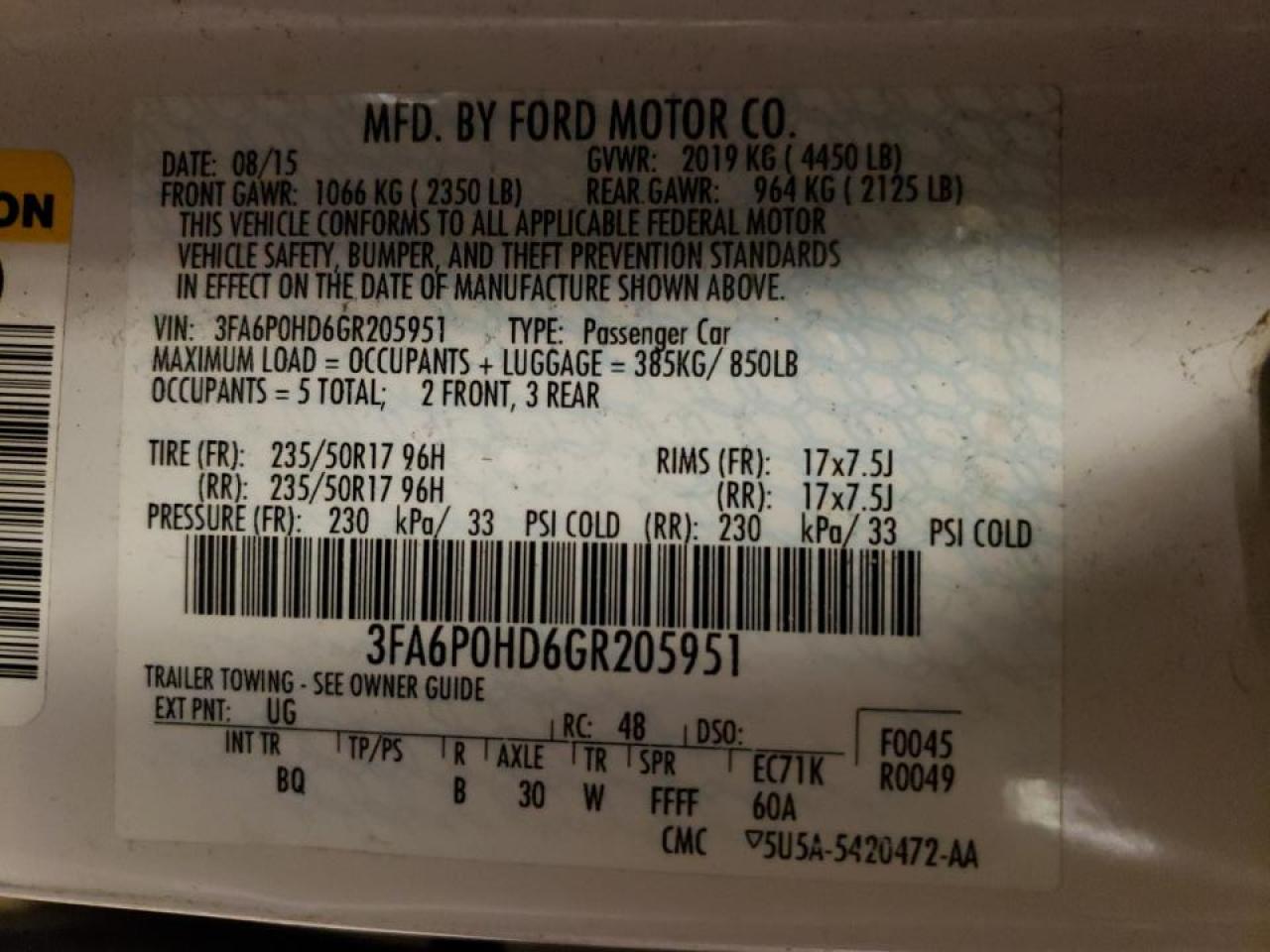 Photo 10 from auction – 2016 FORD FUSION SE with VIN 3FA6P0HD6GR205951