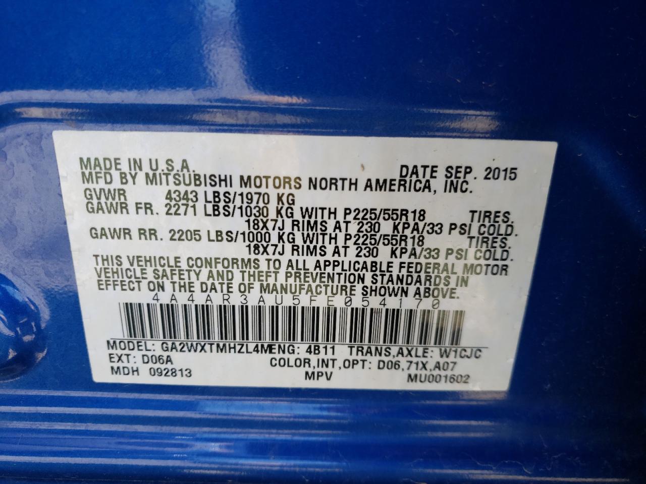 Photo 10 from auction – 2015 MITSUBISHI OUTLANDER with VIN 4A4AR3AU5FE054170