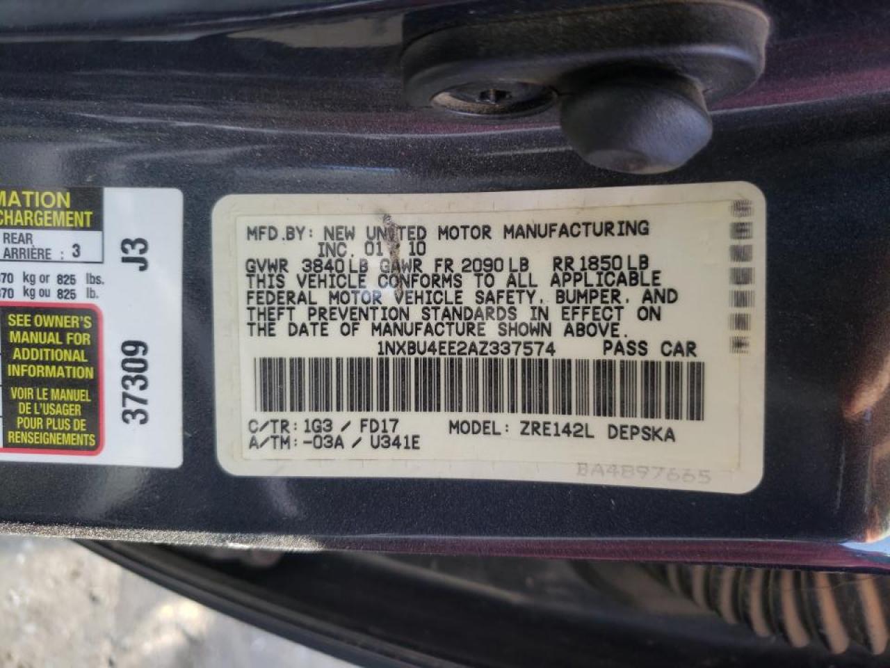 Photo 10 from auction – 2010 TOYOTA COROLLA BA with VIN 1NXBU4EE2AZ337574