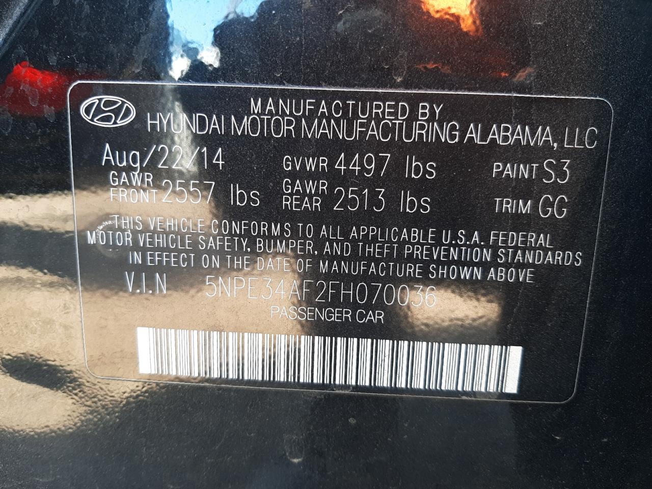Photo 10 from auction – 2015 HYUNDAI SONATA SPO with VIN 5NPE34AF2FH070036