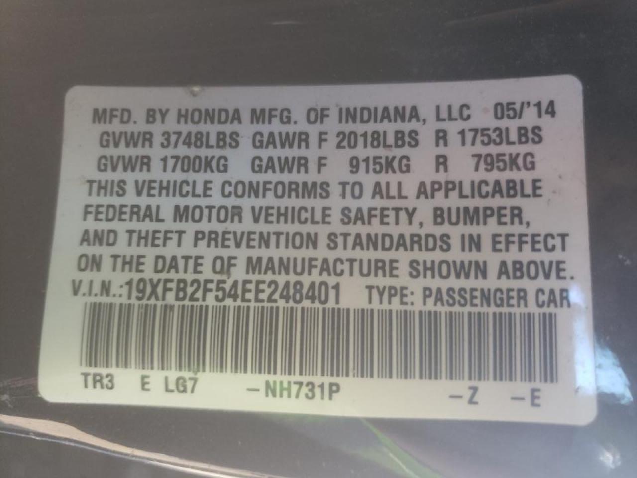 Photo 10 from auction – 2014 HONDA CIVIC LX with VIN 19XFB2F54EE248401