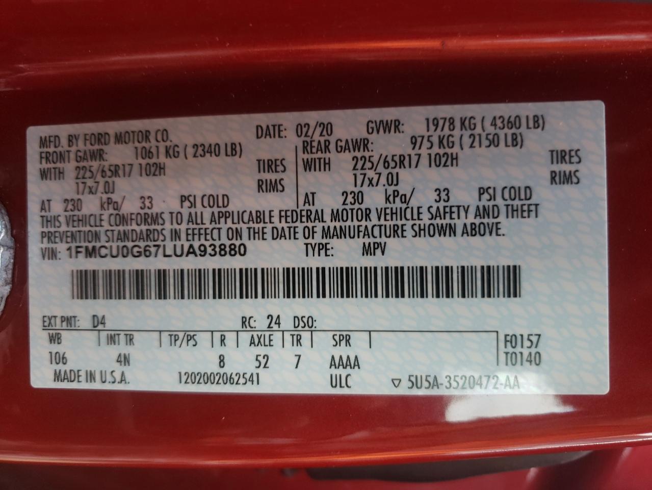 Photo 10 from auction – 2020 FORD ESCAPE SE with VIN 1FMCU0G67LUA93880