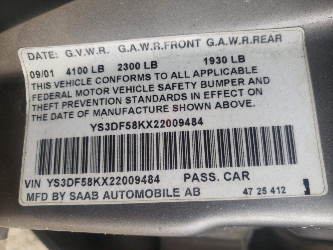 Photo 10 from auction – 2002 SAAB 9-3 SE with VIN YS3DF58KX22009484
