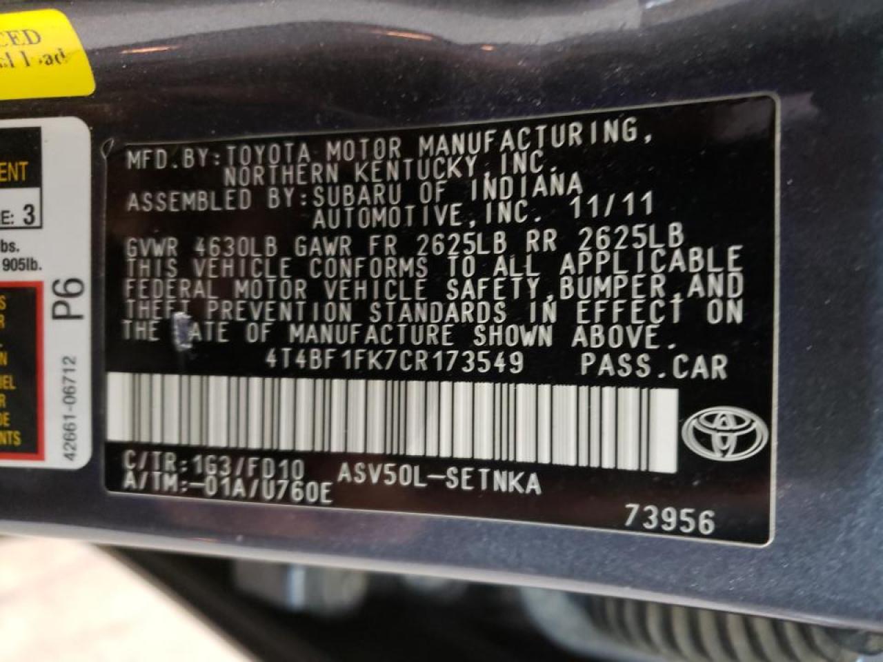 صورة رقم 10 من المزاد - 2012 TOYOTA CAMRY BASE مع VIN 4T4BF1FK7CR173549