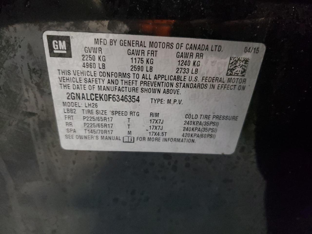 Photo 10 from auction – 2015 CHEVROLET EQUINOX LT with VIN 2GNALCEK0F6346354
