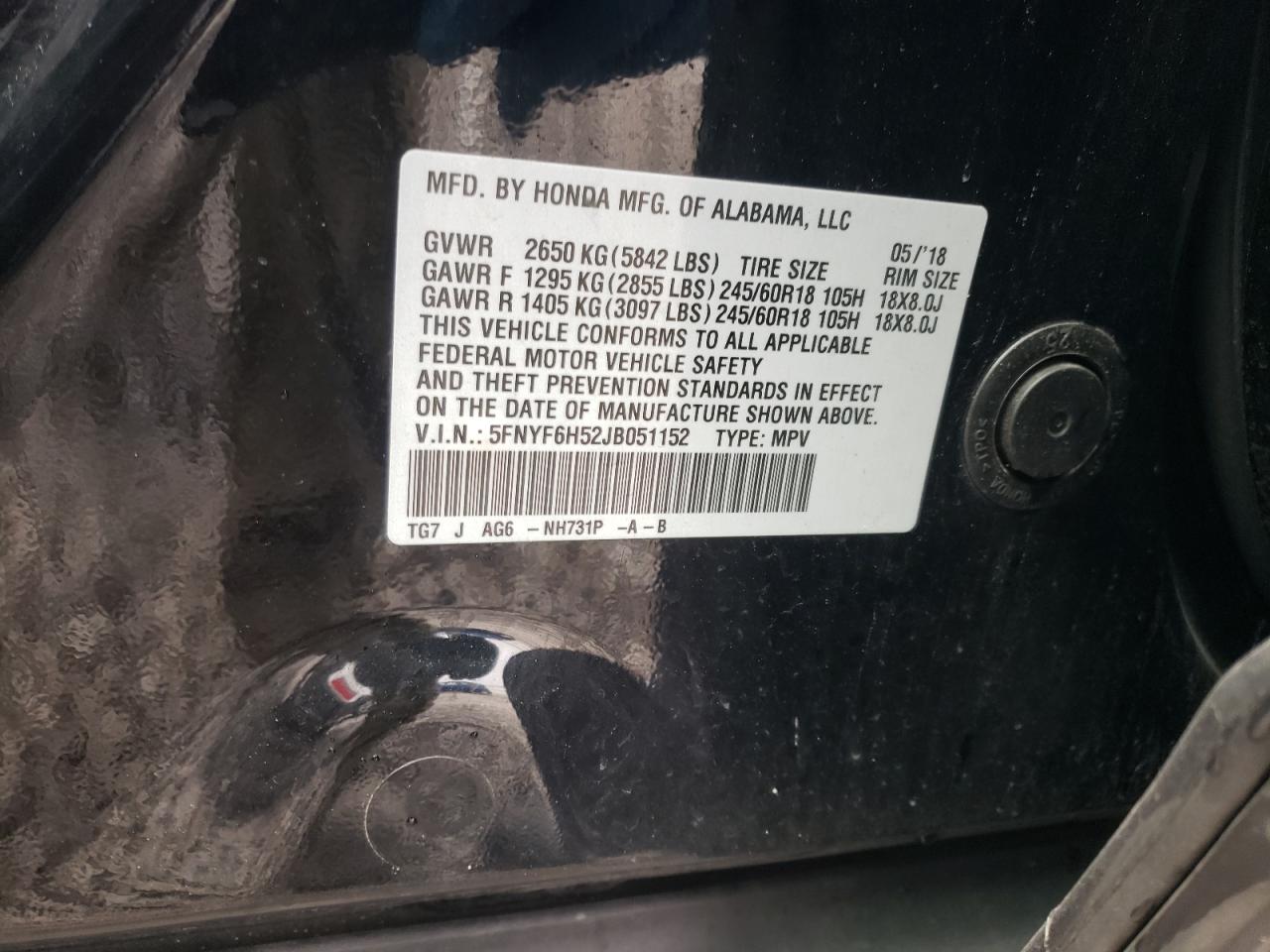 Photo 10 from auction – 2018 HONDA PILOT EXL with VIN 5FNYF6H52JB051152