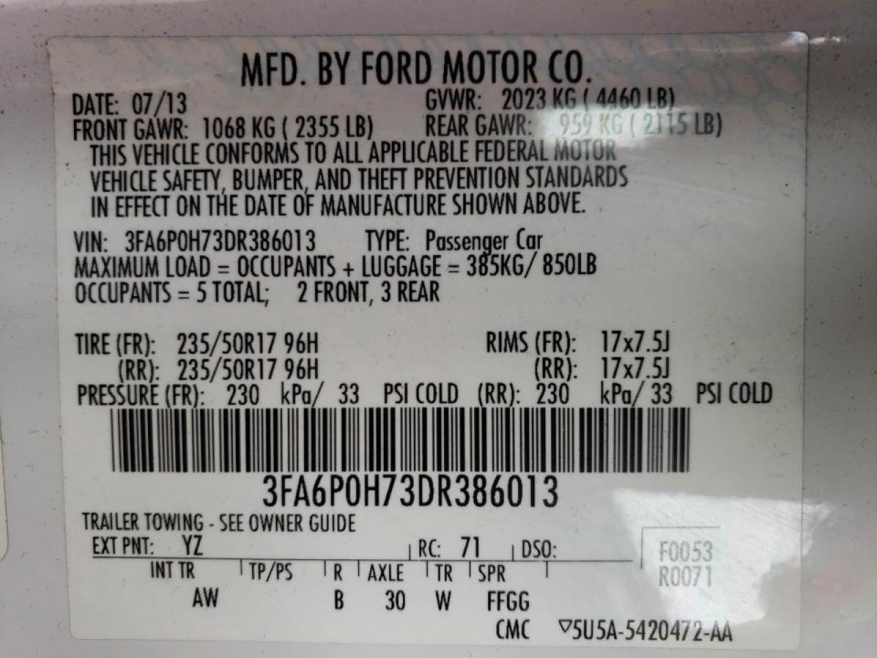 Photo 10 from auction – 2013 FORD FUSION SE with VIN 3FA6P0H73DR386013