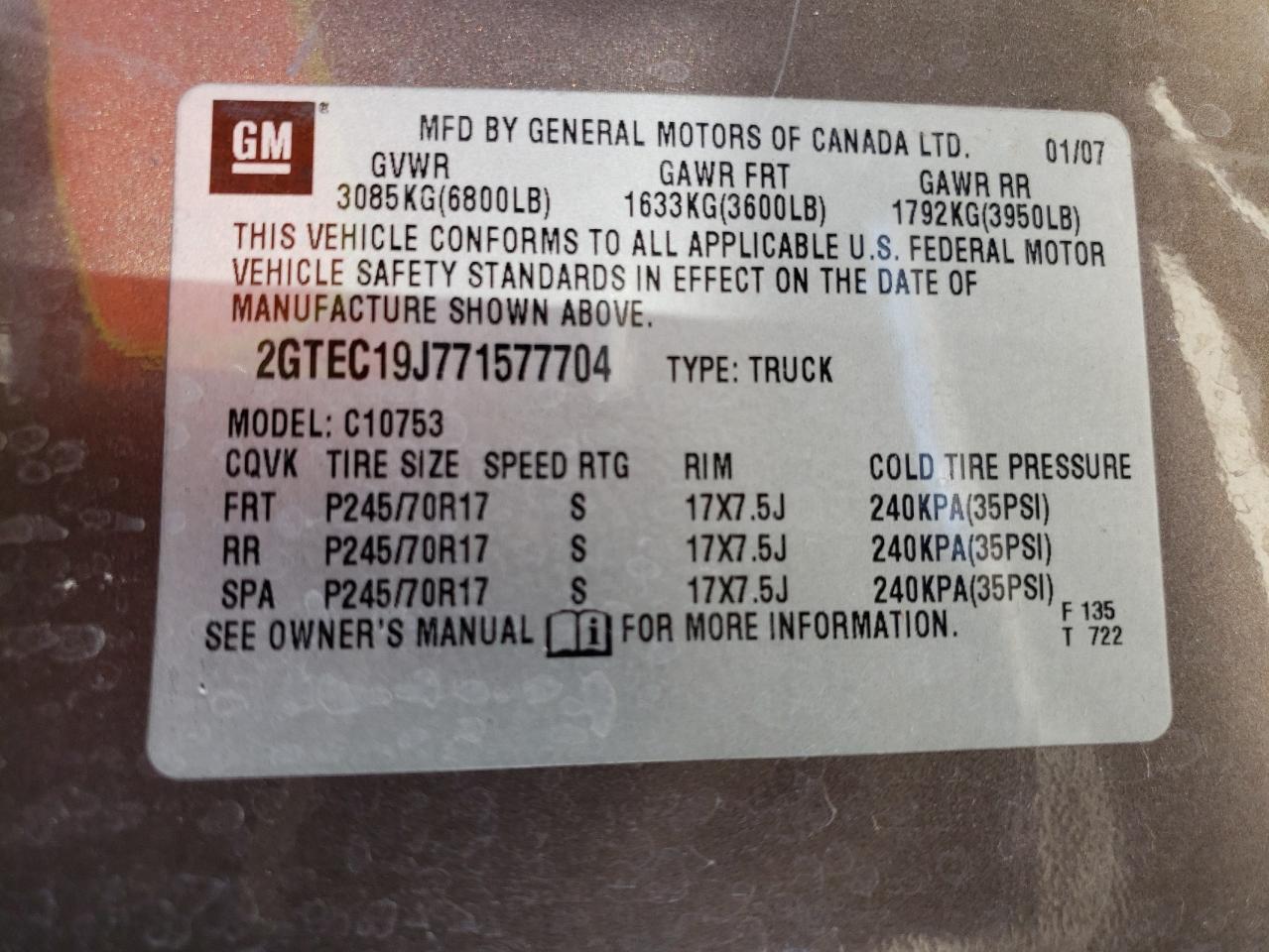Photo 10 from auction – 2007 GMC NEW SIERRA with VIN 2GTEC19J771577704