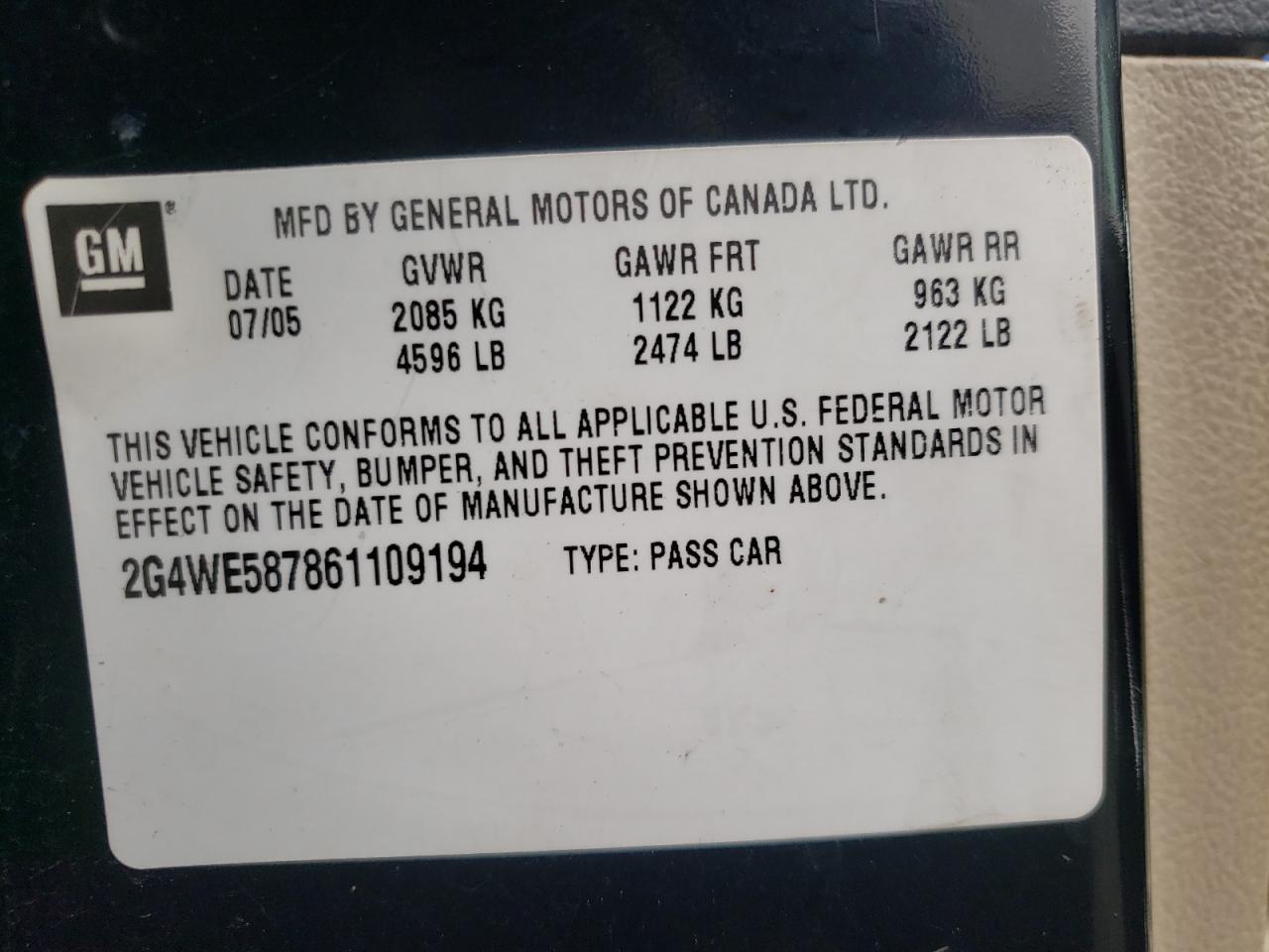 Photo 10 from auction – 2006 BUICK LACROSSE C with VIN 2G4WE587861109194