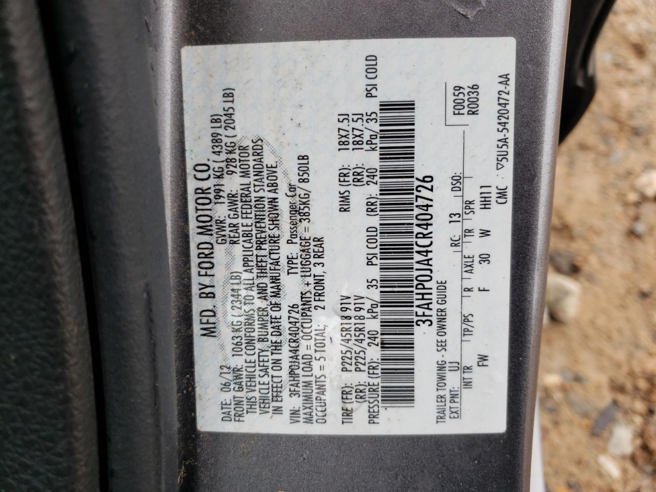 Photo 10 from auction – 2012 FORD FUSION SEL with VIN 3FAHP0JA4CR404726