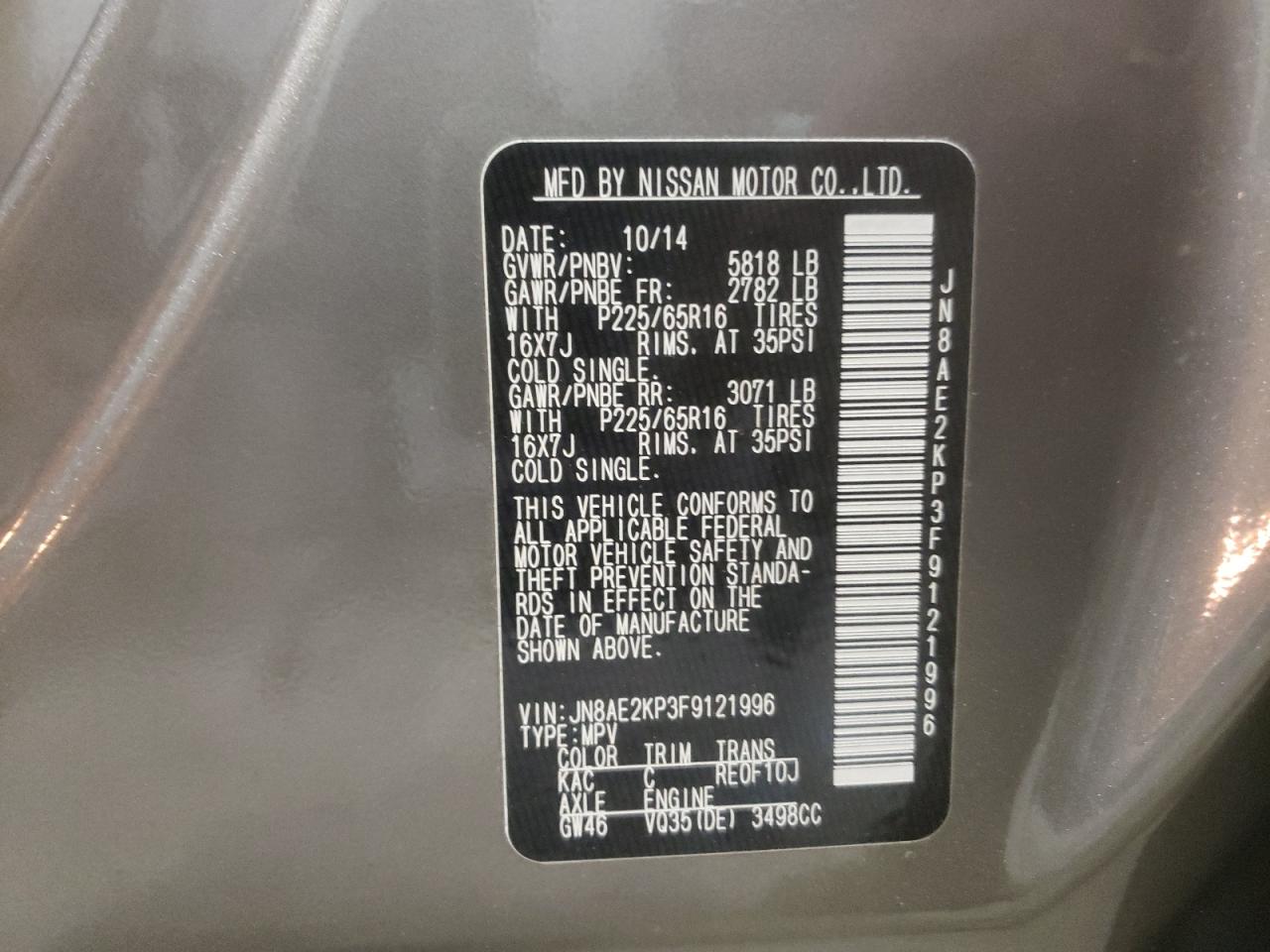 Photo 10 from auction – 2015 NISSAN QUEST S with VIN JN8AE2KP3F9121996