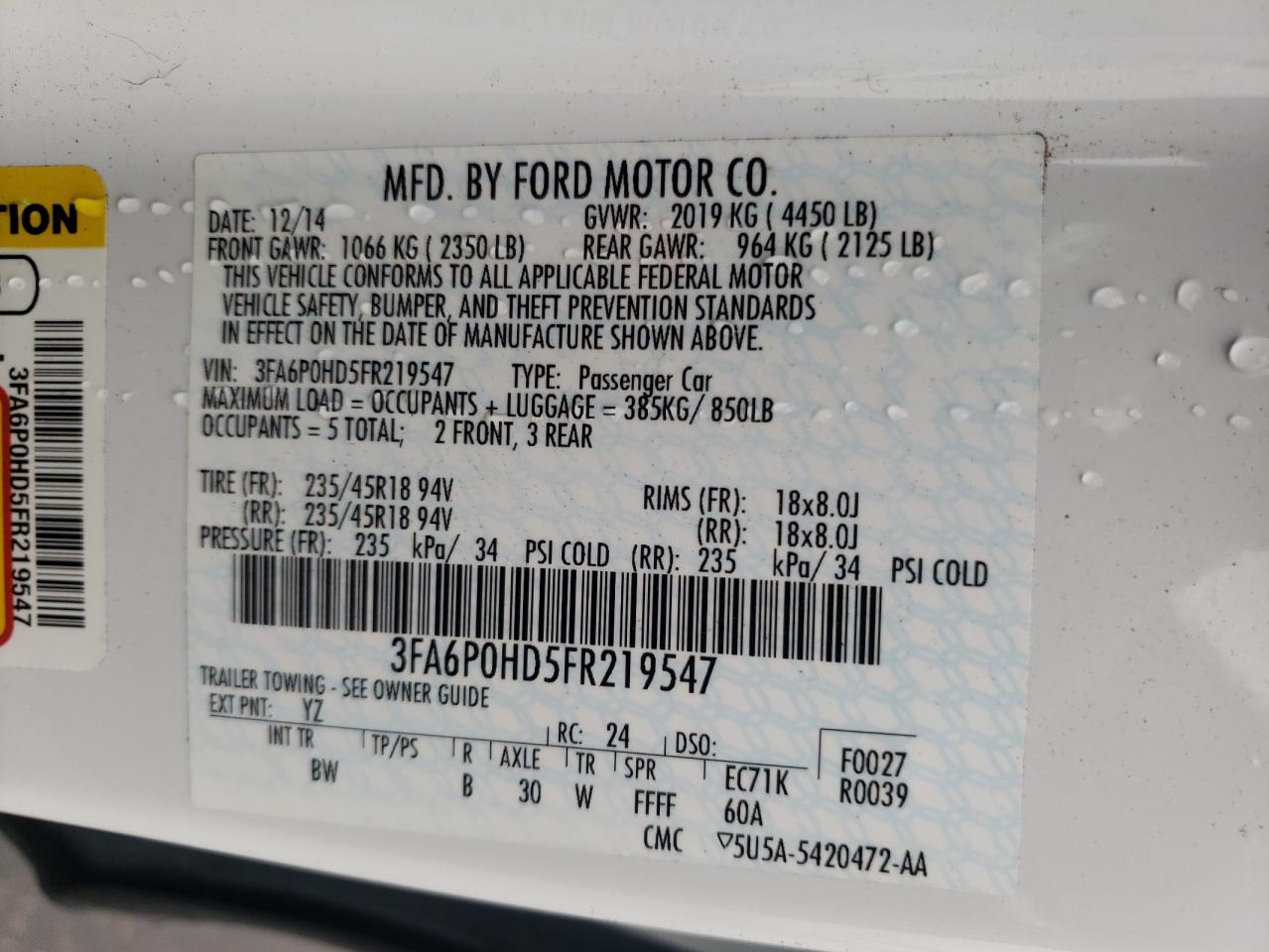 Photo 10 from auction – 2015 FORD FUSION with VIN 3FA6P0HD5FR219547