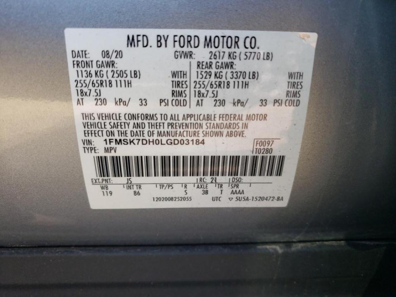 Photo 10 from auction – 2020 FORD EXPLORER X with VIN 1FMSK7DH0LGD03184