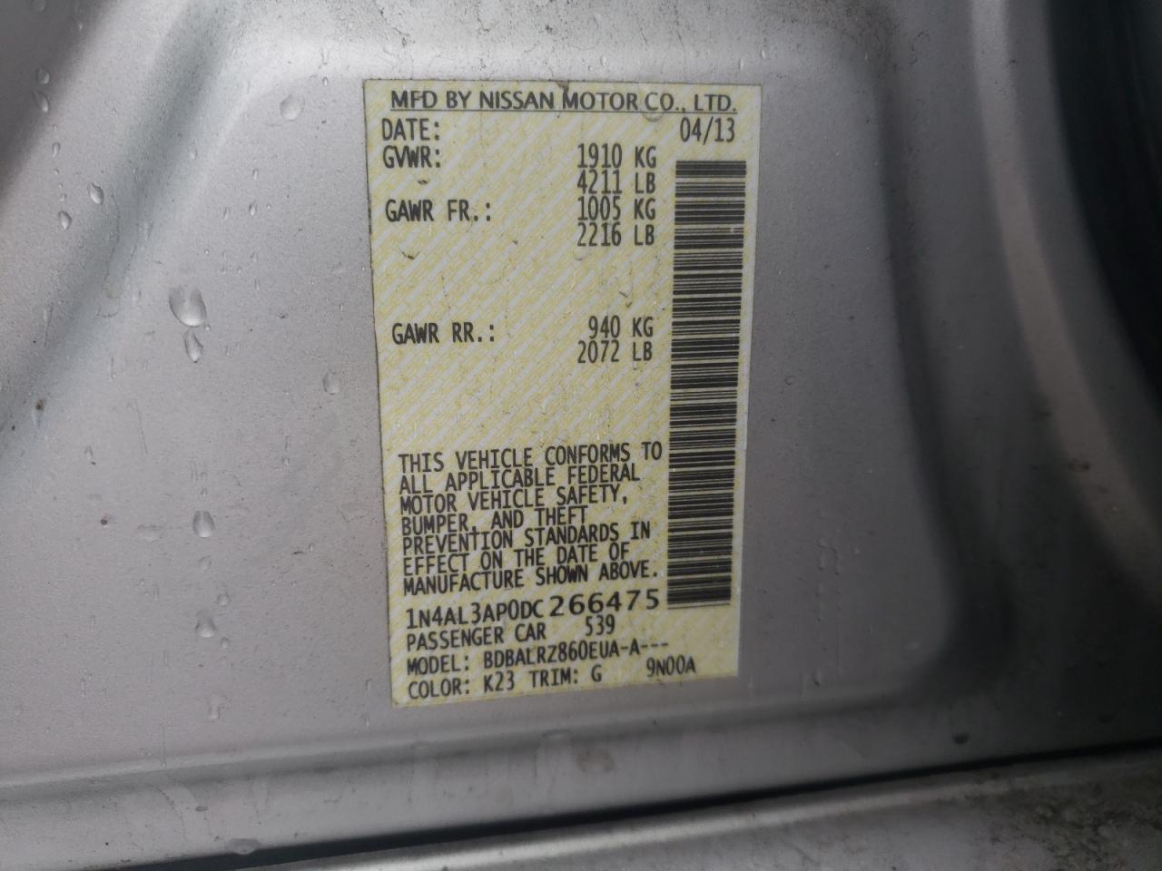 Photo 10 from auction – 2013 NISSAN ALTIMA 2.5 with VIN 1N4AL3AP0DC266475