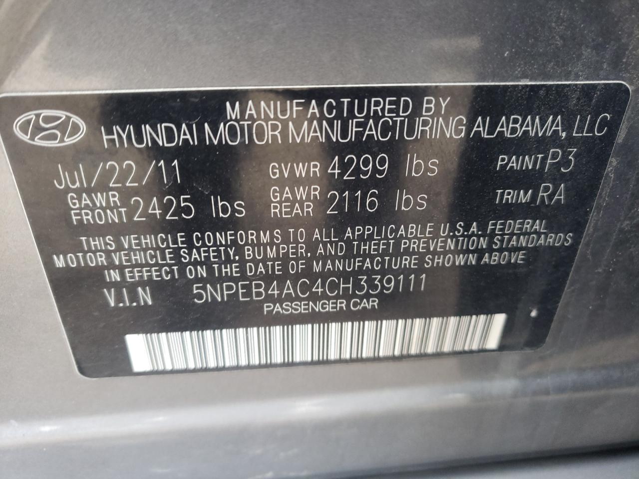 Photo 10 from auction – 2012 HYUNDAI SONATA GLS with VIN 5NPEB4AC4CH339111