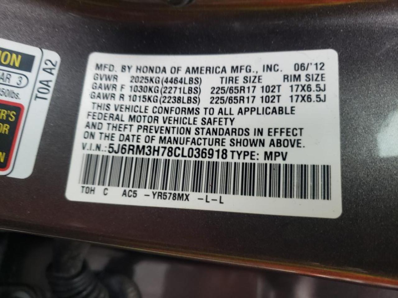 Photo 10 from auction – 2012 HONDA CR-V EXL with VIN 5J6RM3H78CL036918