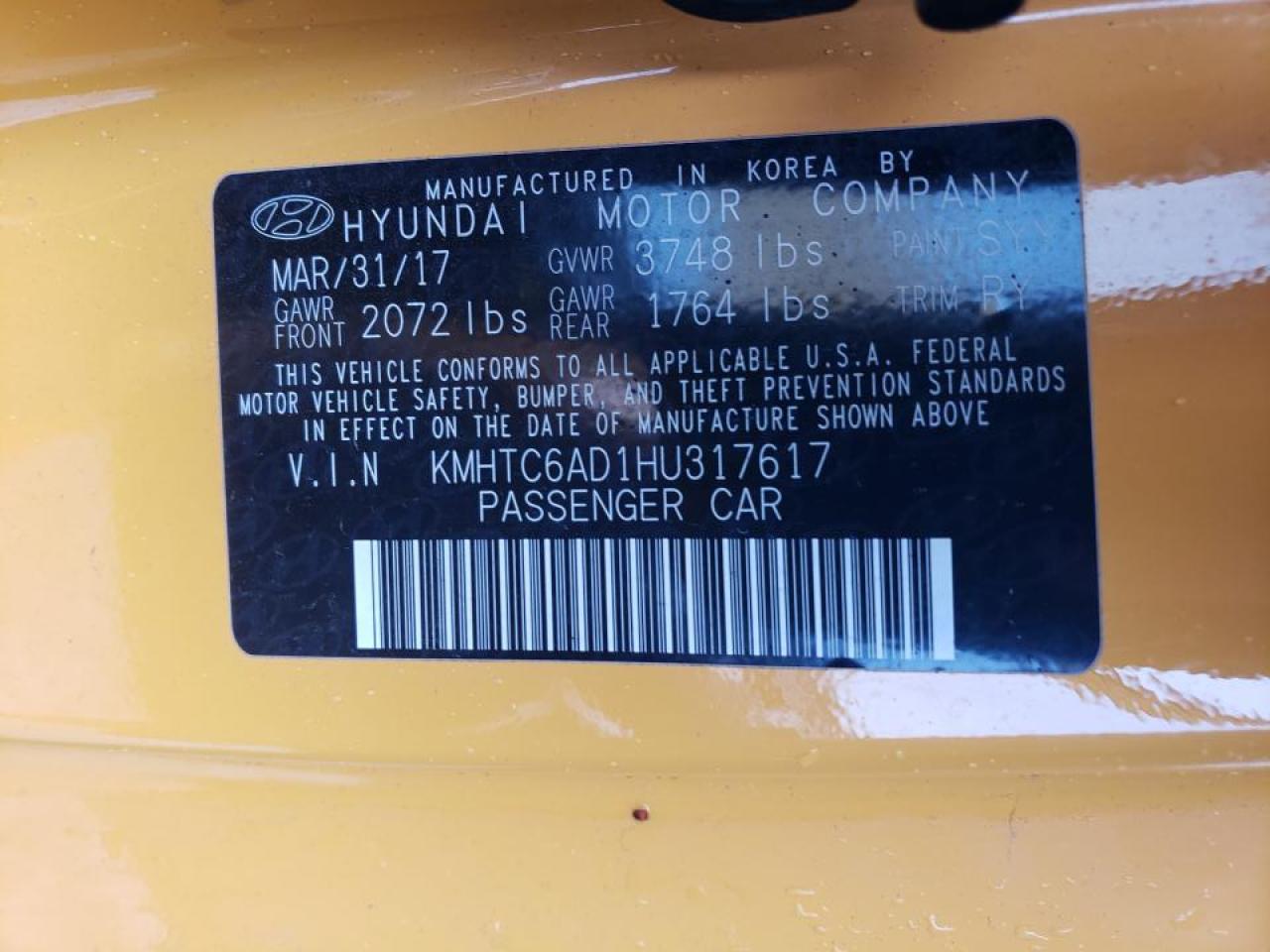 Photo 10 from auction – 2017 HYUNDAI VELOSTER with VIN KMHTC6AD1HU317617