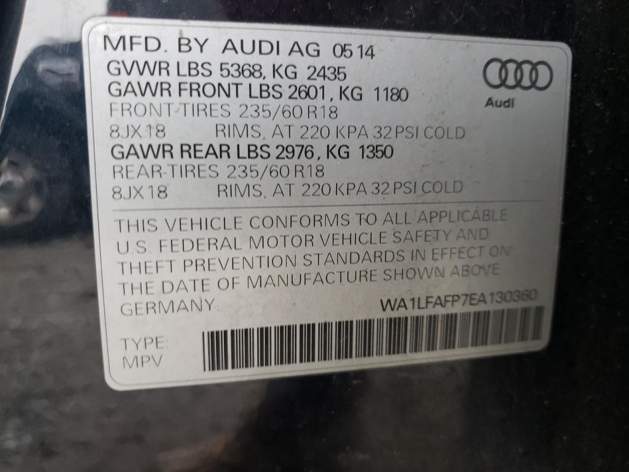 Photo 10 from auction – 2014 AUDI Q5 PREMIUM with VIN WA1LFAFP7EA130360