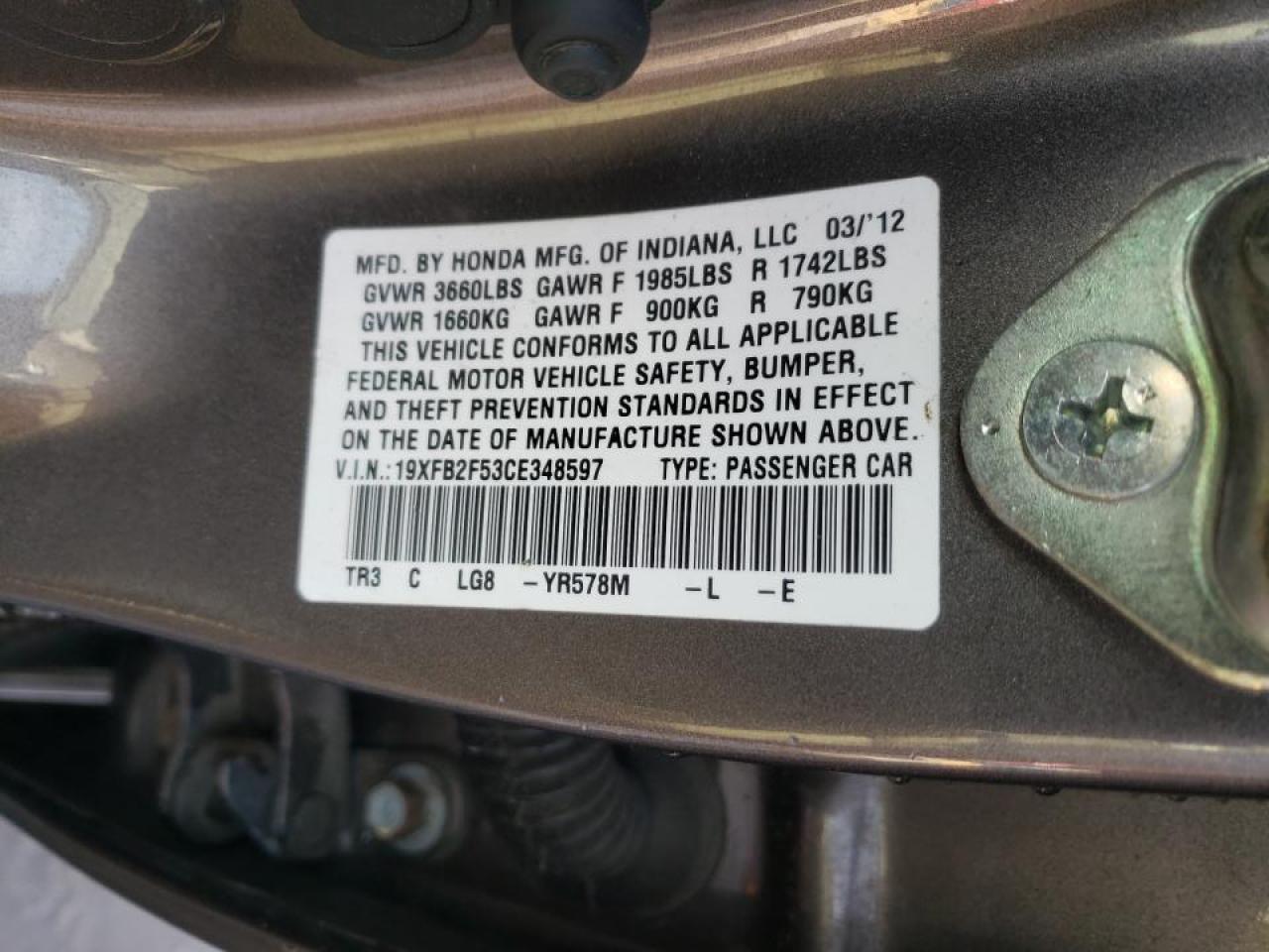 Photo 10 from auction – 2012 HONDA CIVIC LX with VIN 19XFB2F53CE348597