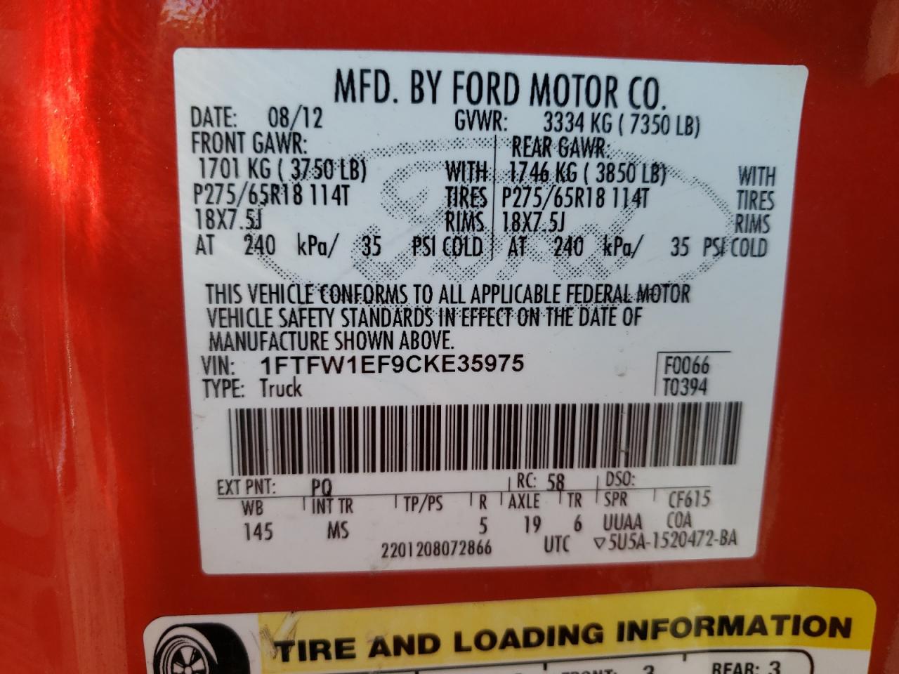 Photo 10 from auction – 2012 FORD F150 SUPER with VIN 1FTFW1EF9CKE35975