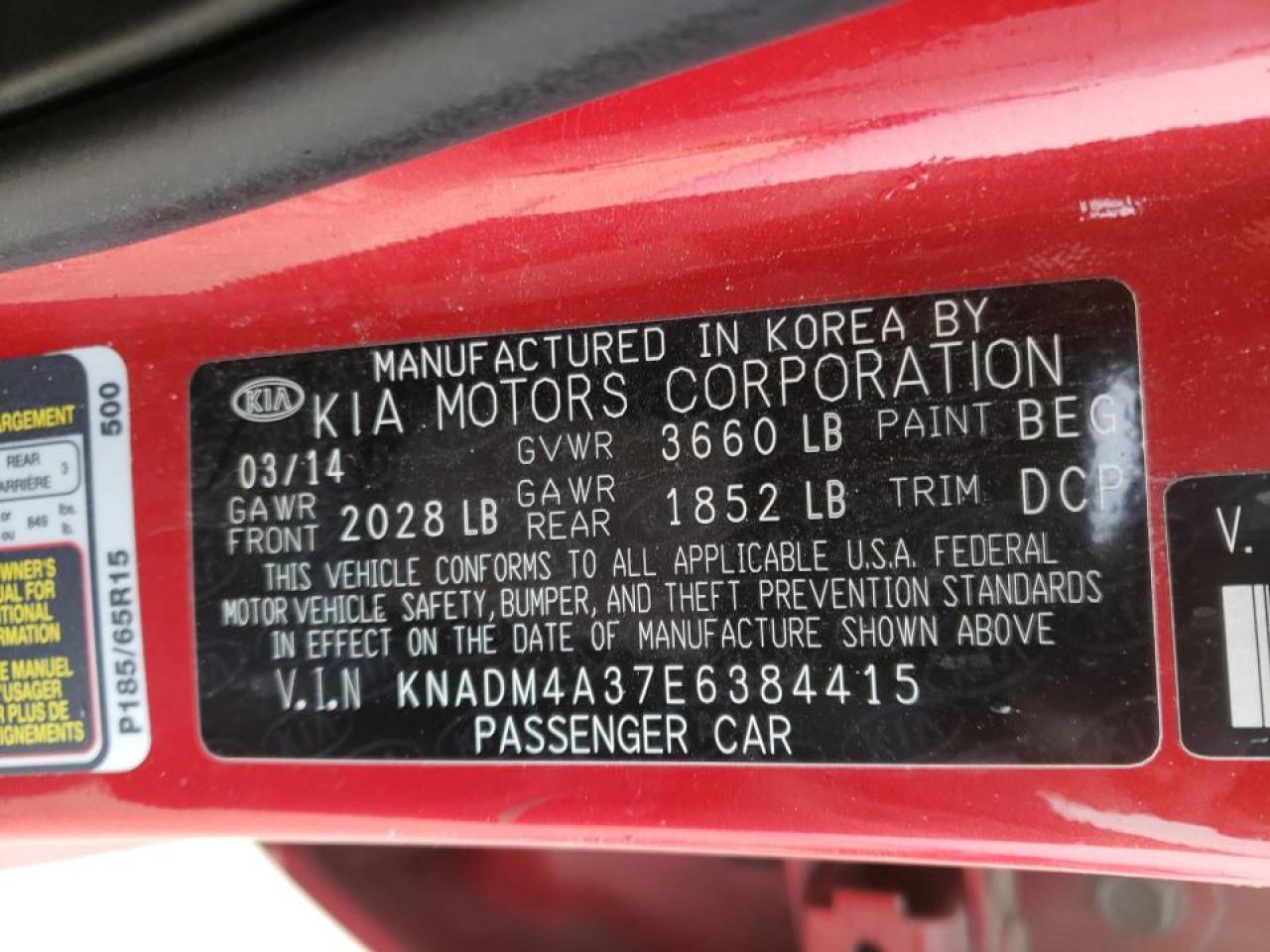 Photo 10 from auction – 2014 KIA RIO LX with VIN KNADM4A37E6384415