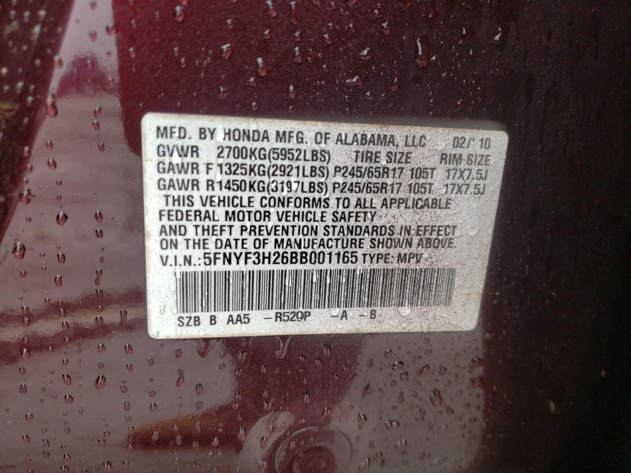 Photo 10 from auction – 2011 HONDA PILOT LX with VIN 5FNYF3H26BB001165