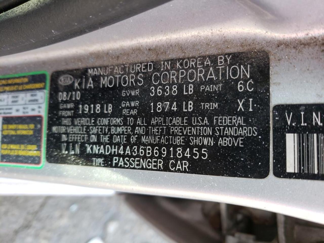 Photo 10 from auction – 2011 KIA RIO BASE with VIN KNADH4A36B6918455