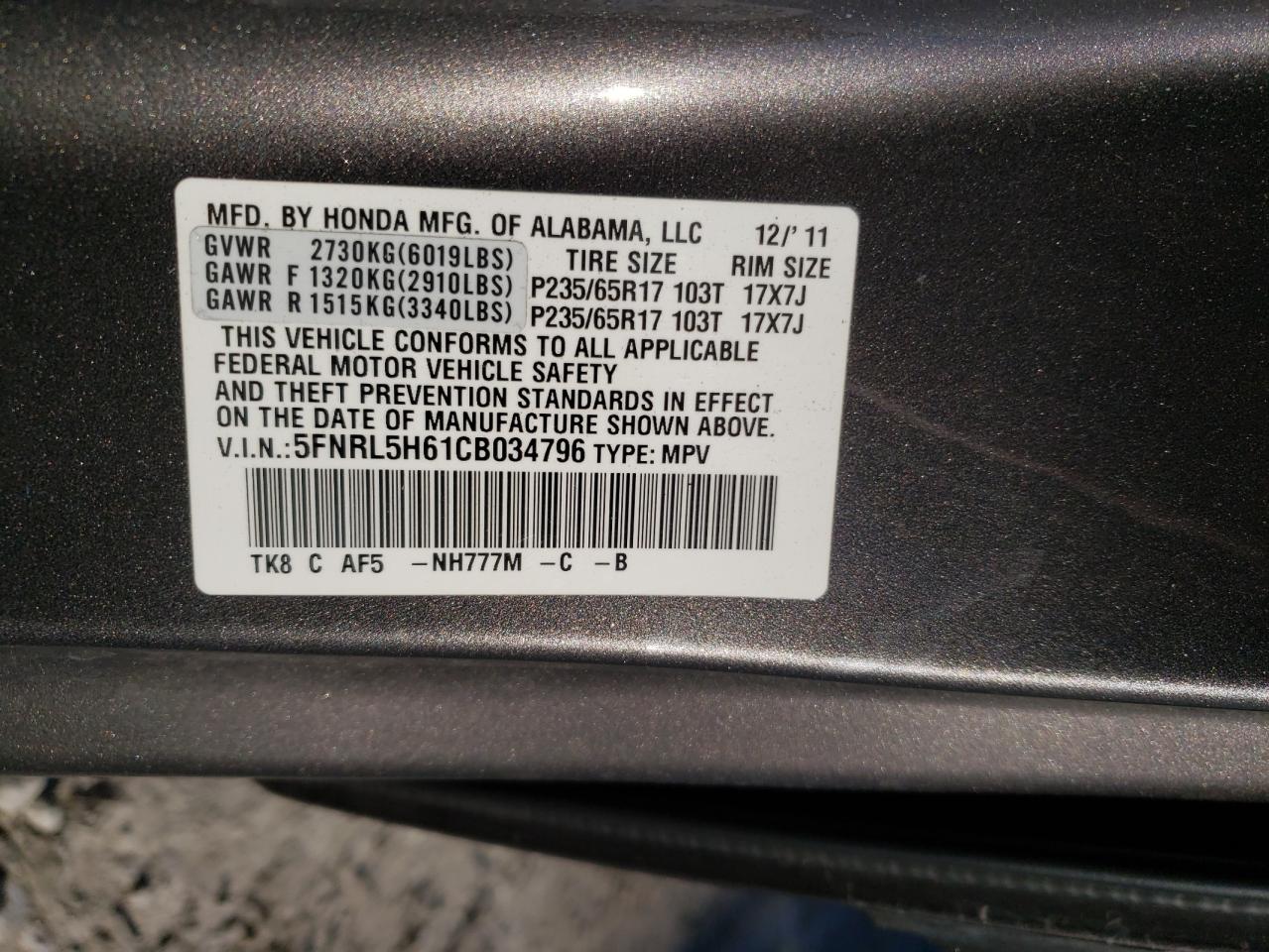 Photo 20 from auction – 2012 HONDA ODYSSEY EX with VIN 5FNRL5H61CB034796