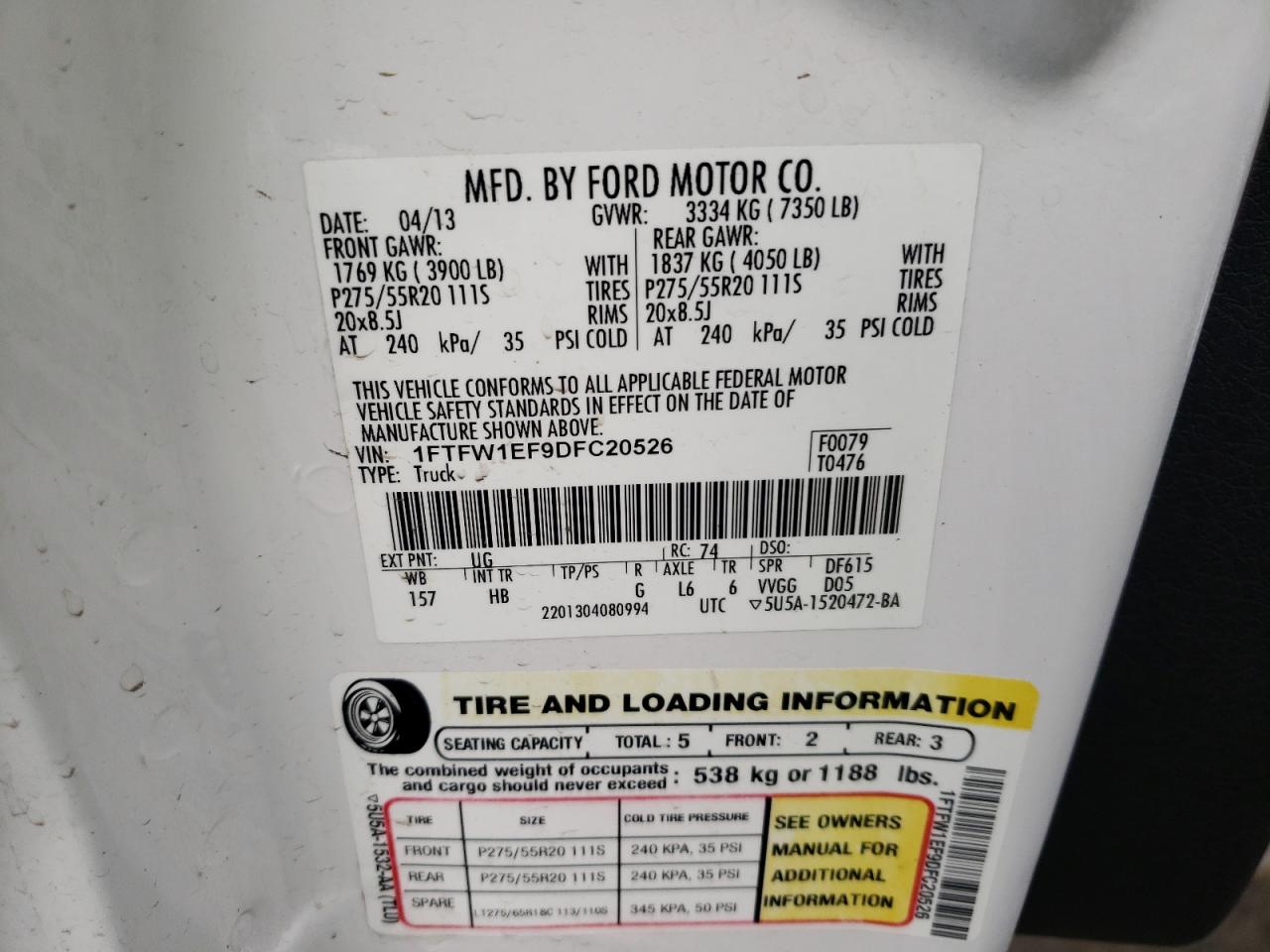 Photo 10 from auction – 2013 FORD F150 SUPER with VIN 1FTFW1EF9DFC20526