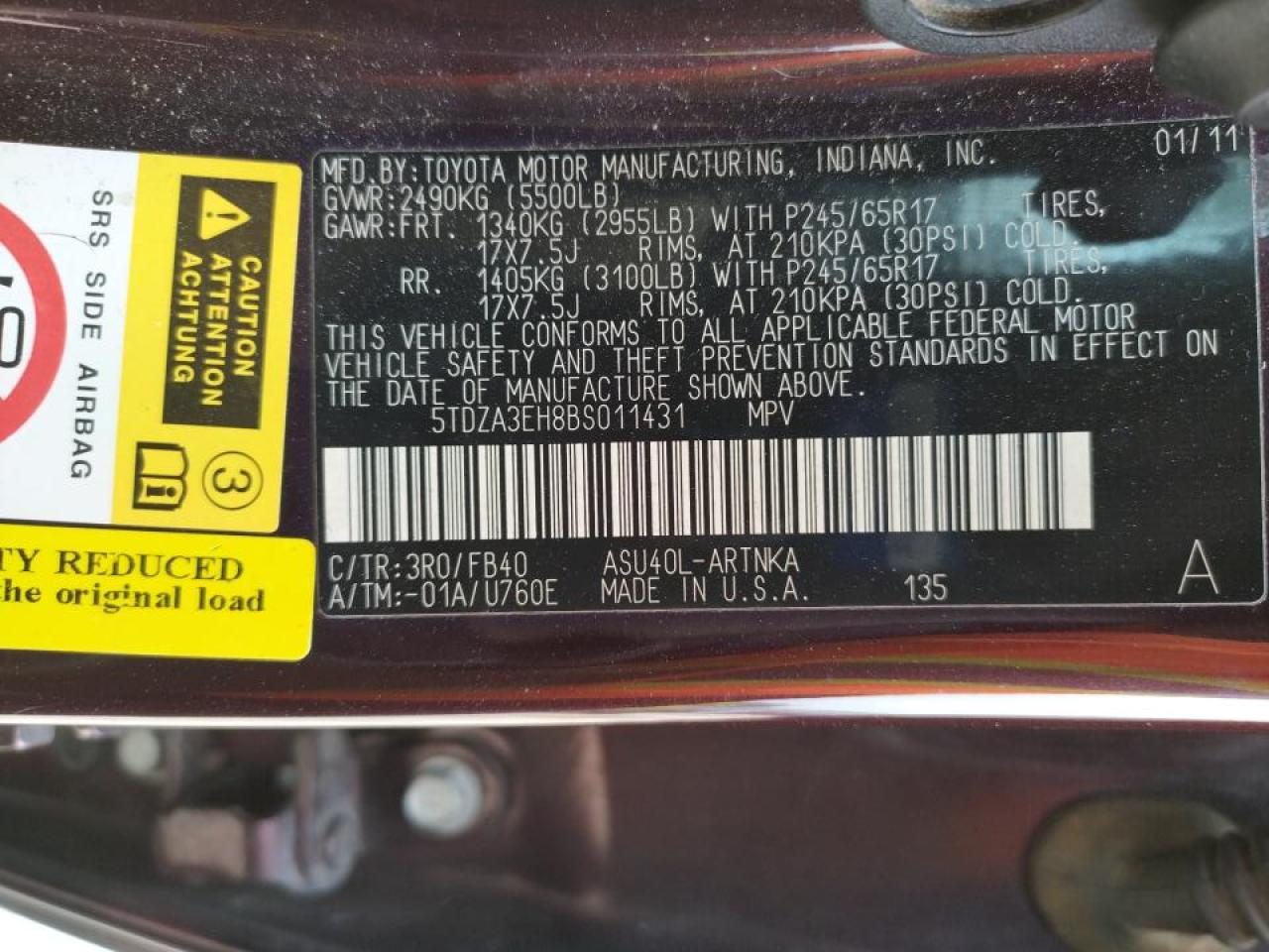 Photo 10 from auction – 2011 TOYOTA HIGHLANDER with VIN 5TDZA3EH8BS011431