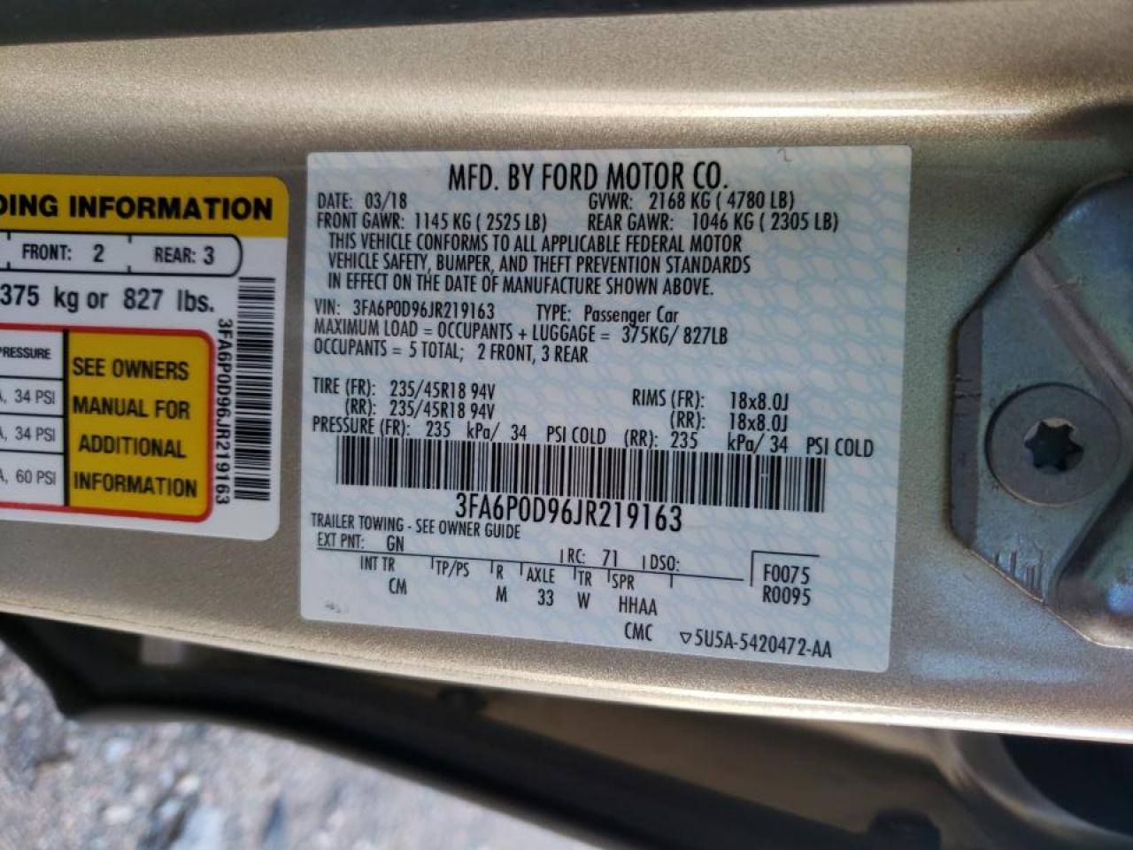 Photo 10 from auction – 2018 FORD FUSION TIT with VIN 3FA6P0D96JR219163