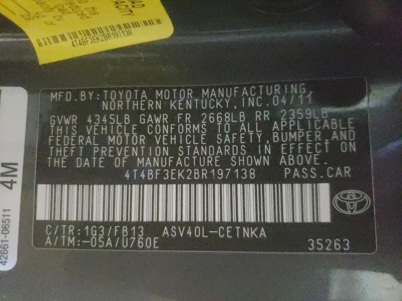 Photo 10 from auction – 2011 TOYOTA CAMRY BASE with VIN 4T4BF3EK2BR197138