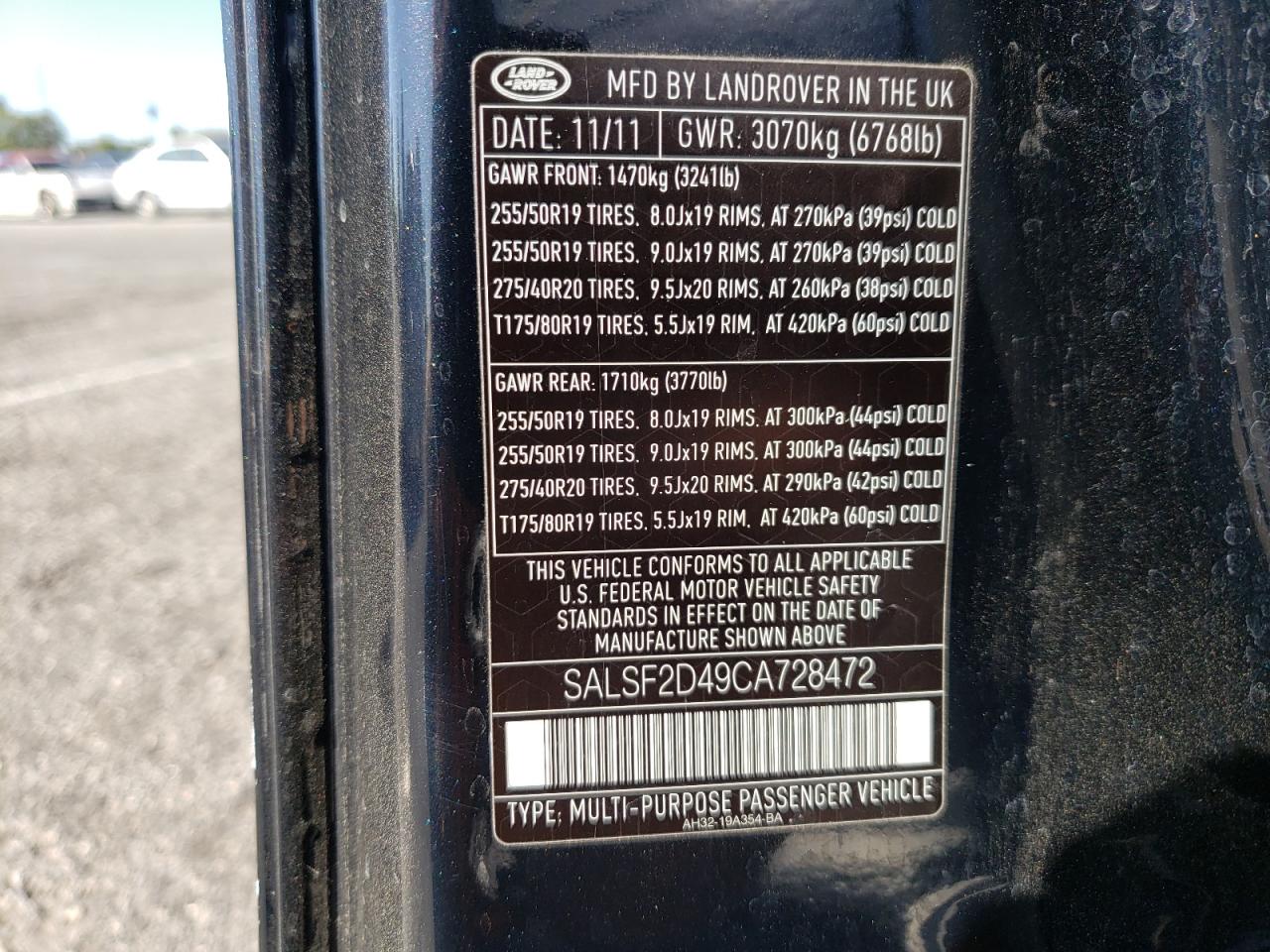 Photo 10 from auction – 2012 LAND ROVER RANGE ROVE with VIN SALSF2D49CA728472