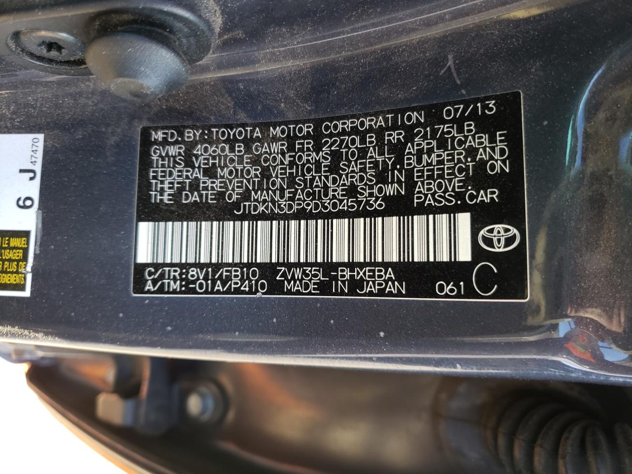 Photo 10 from auction – 2013 TOYOTA PRIUS PLUG with VIN JTDKN3DP9D3045736