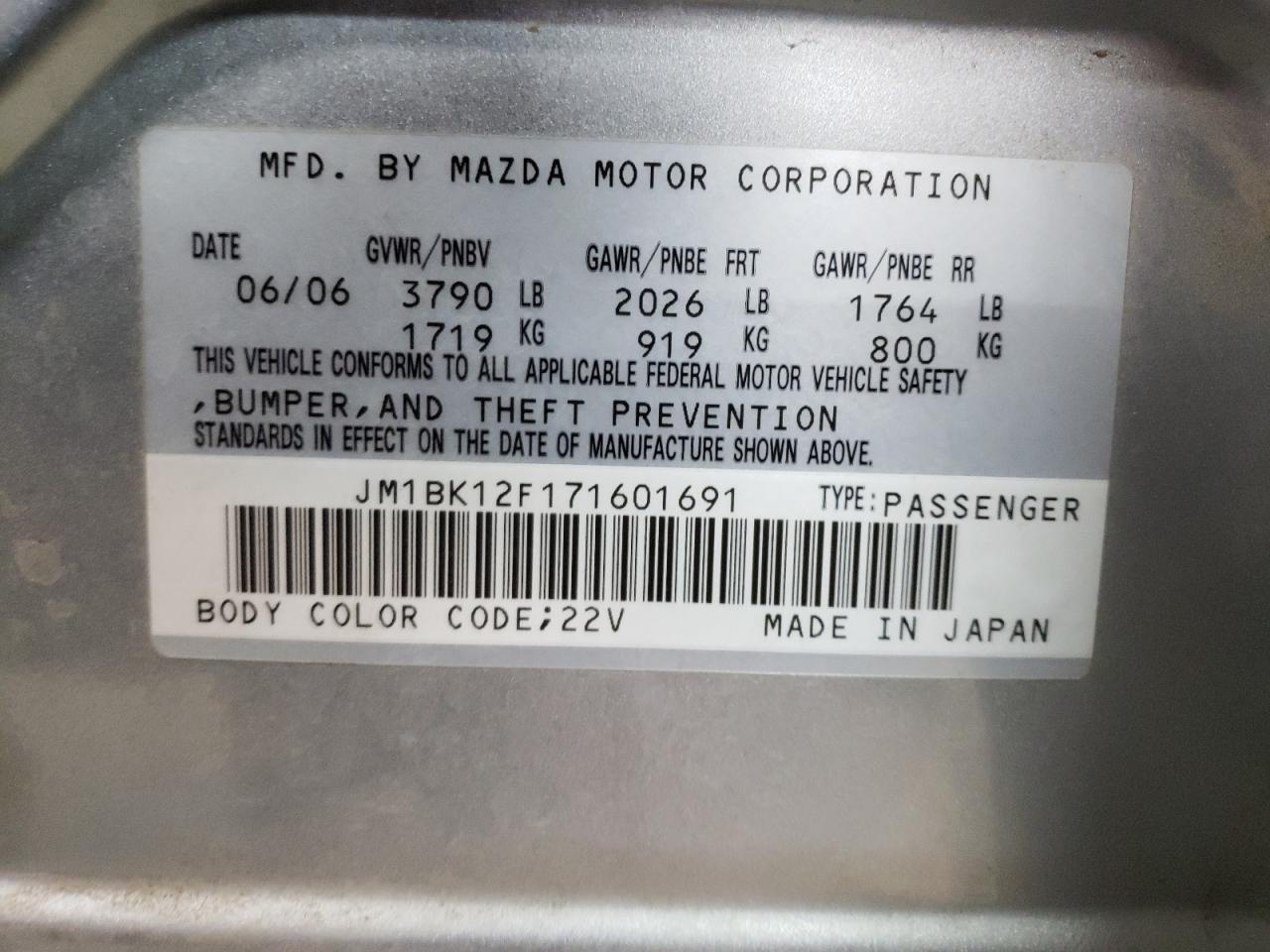 Photo 10 from auction – 2007 MAZDA 3 I with VIN JM1BK12F171601691