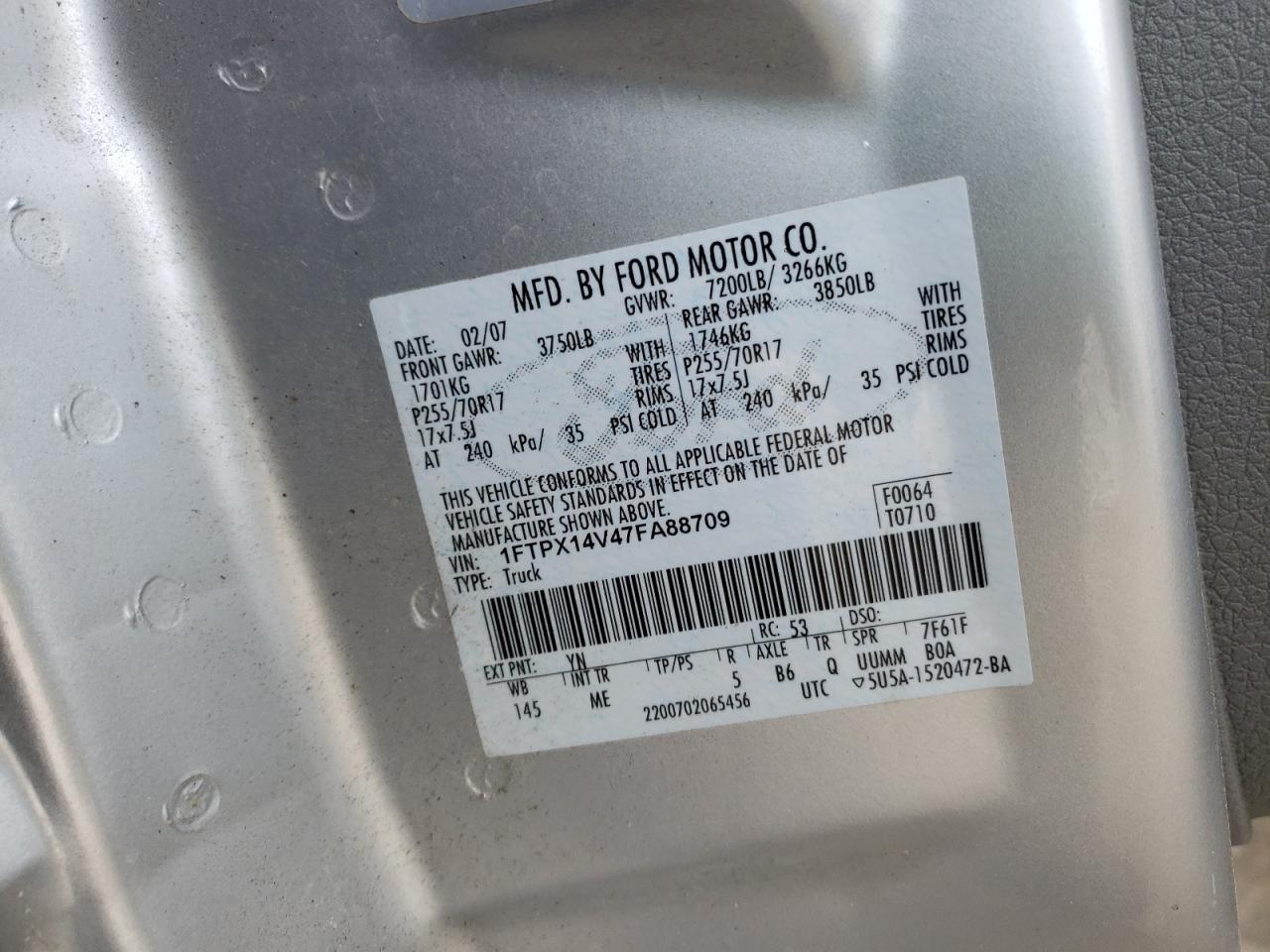 Photo 10 from auction – 2007 FORD F150 with VIN 1FTPX14V47FA88709