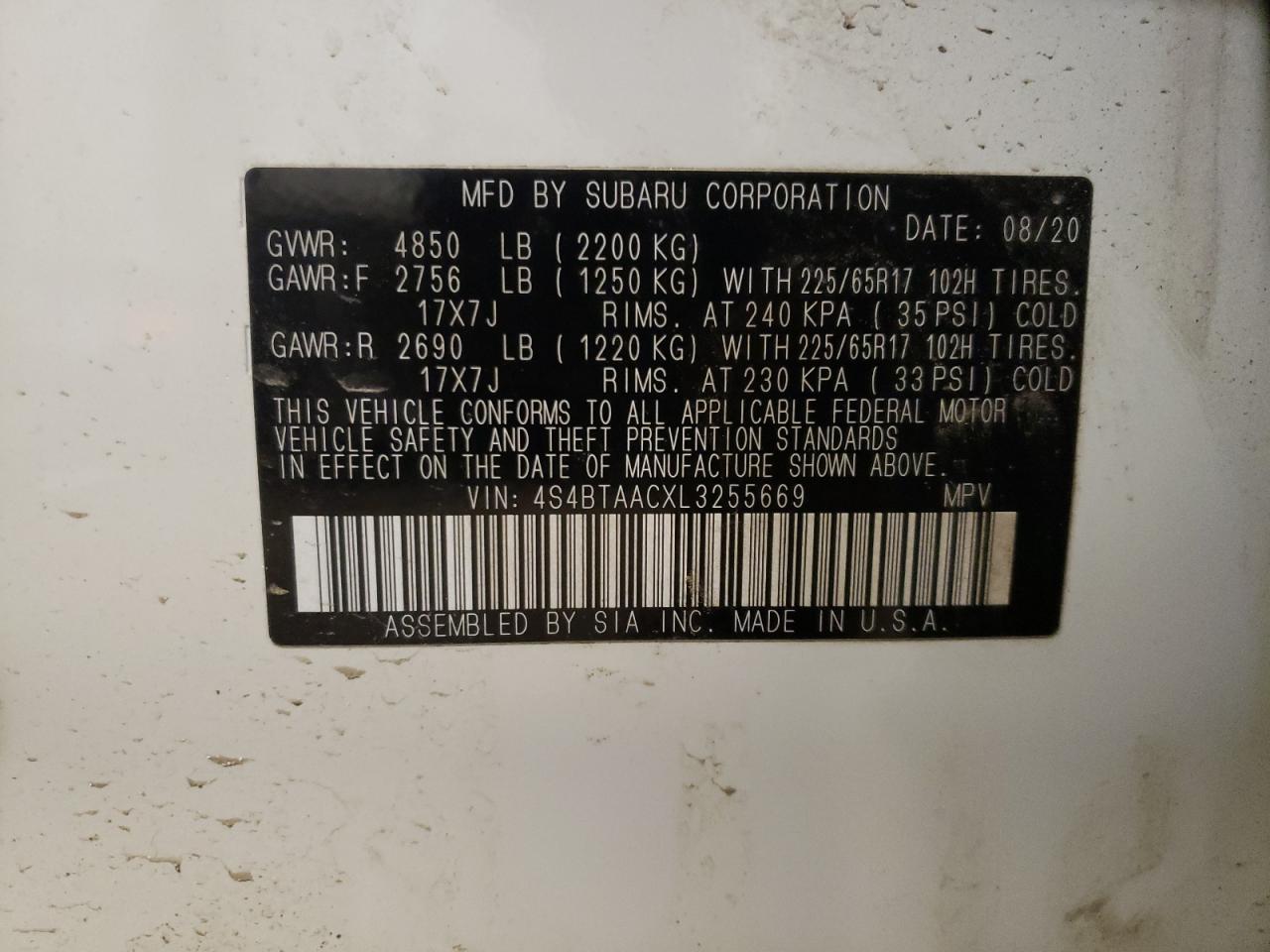 Photo 10 from auction – 2020 SUBARU OUTBACK with VIN 4S4BTAACXL3255669