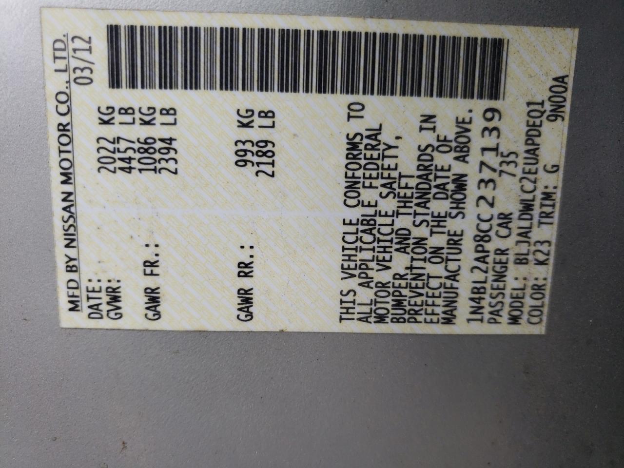 Photo 10 from auction – 2012 NISSAN ALTIMA SR with VIN 1N4BL2AP8CC237139