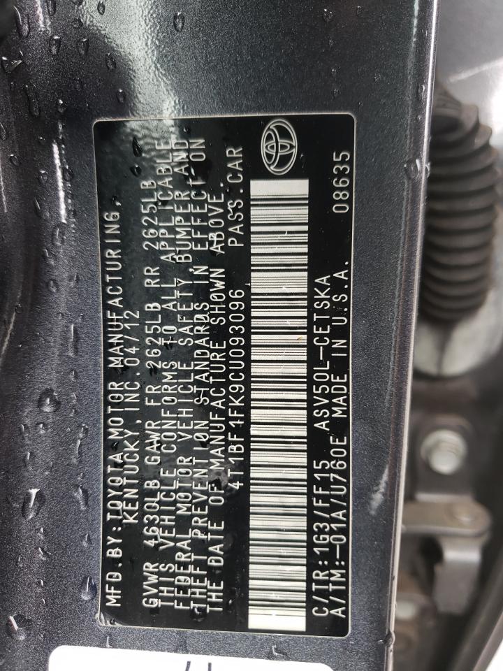 Photo 10 from auction – 2012 TOYOTA CAMRY BASE with VIN 4T1BF1FK9CU093096