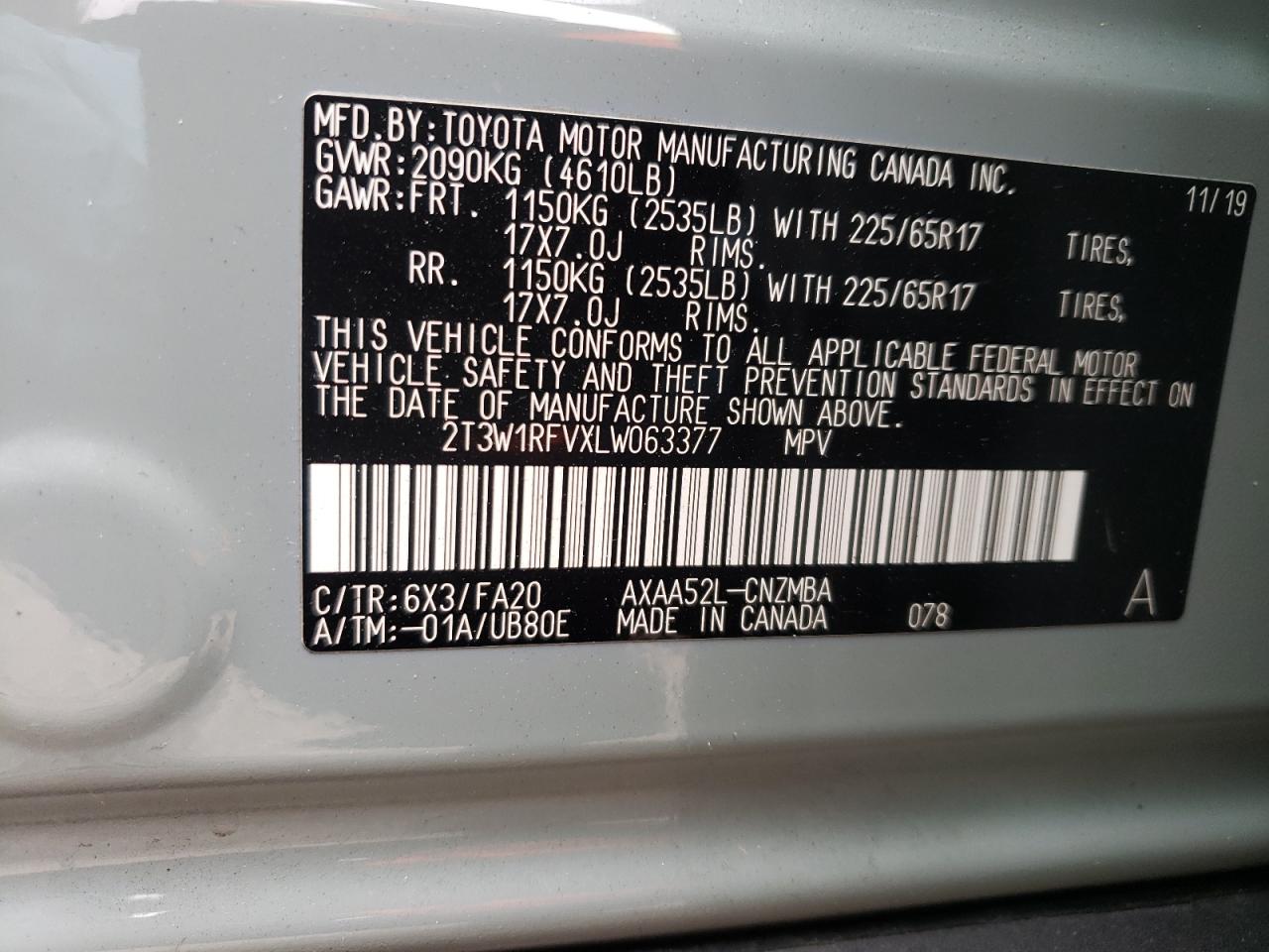 Photo 10 from auction – 2020 TOYOTA RAV4 XLE with VIN 2T3W1RFVXLW063377
