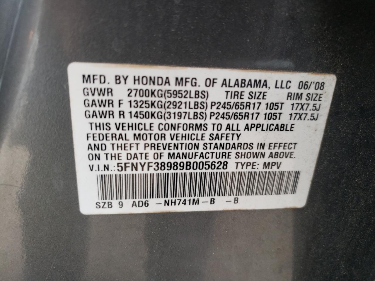 Photo 10 from auction – 2009 HONDA PILOT with VIN 5FNYF38989B005628