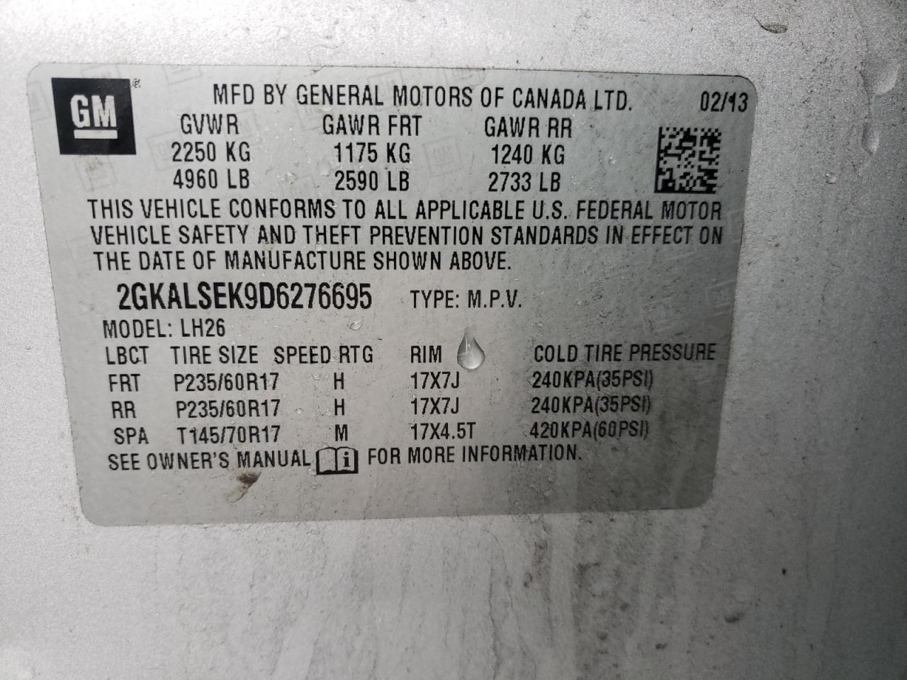 Photo 10 from auction – 2013 GMC TERRAIN SL with VIN 2GKALSEK9D6276695